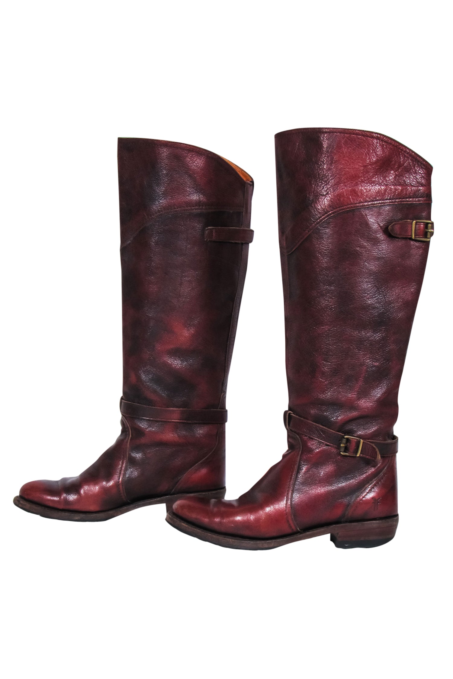 Frye's Stunning Burgundy Marbled Leather Knee - High Buckled Boots - Size 7