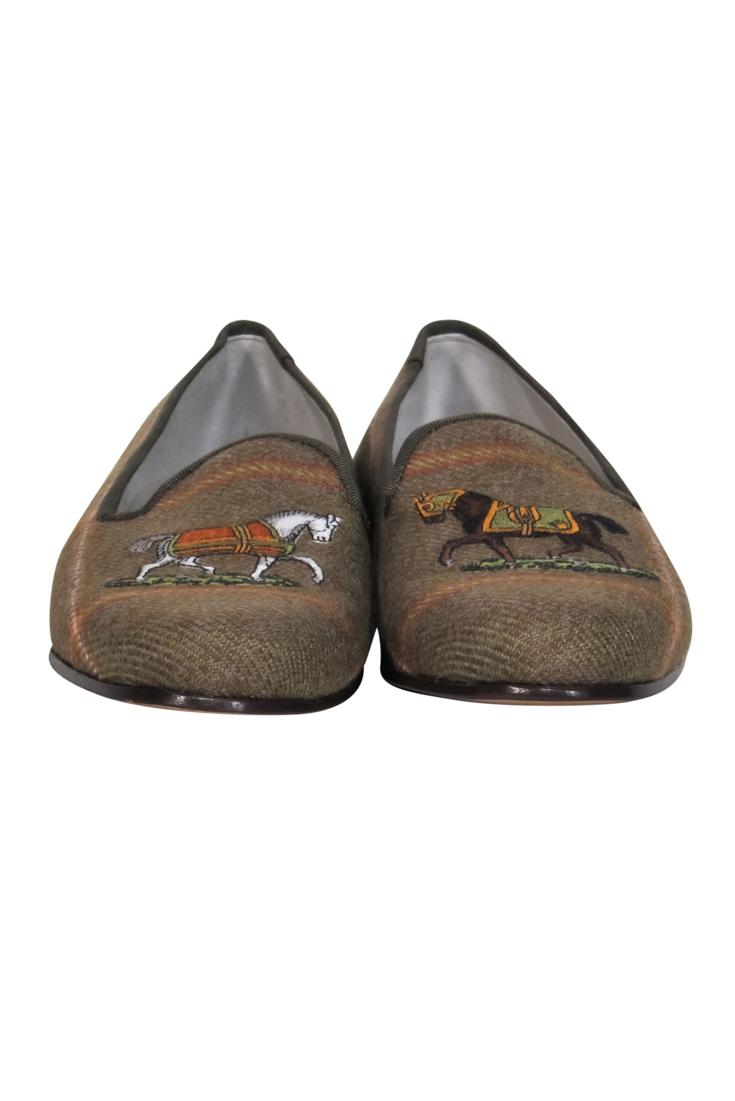 Stubbs & Wootton - Elegant Green Plaid Woven Slipper Flats with Equestrian Embroidery, Size 9