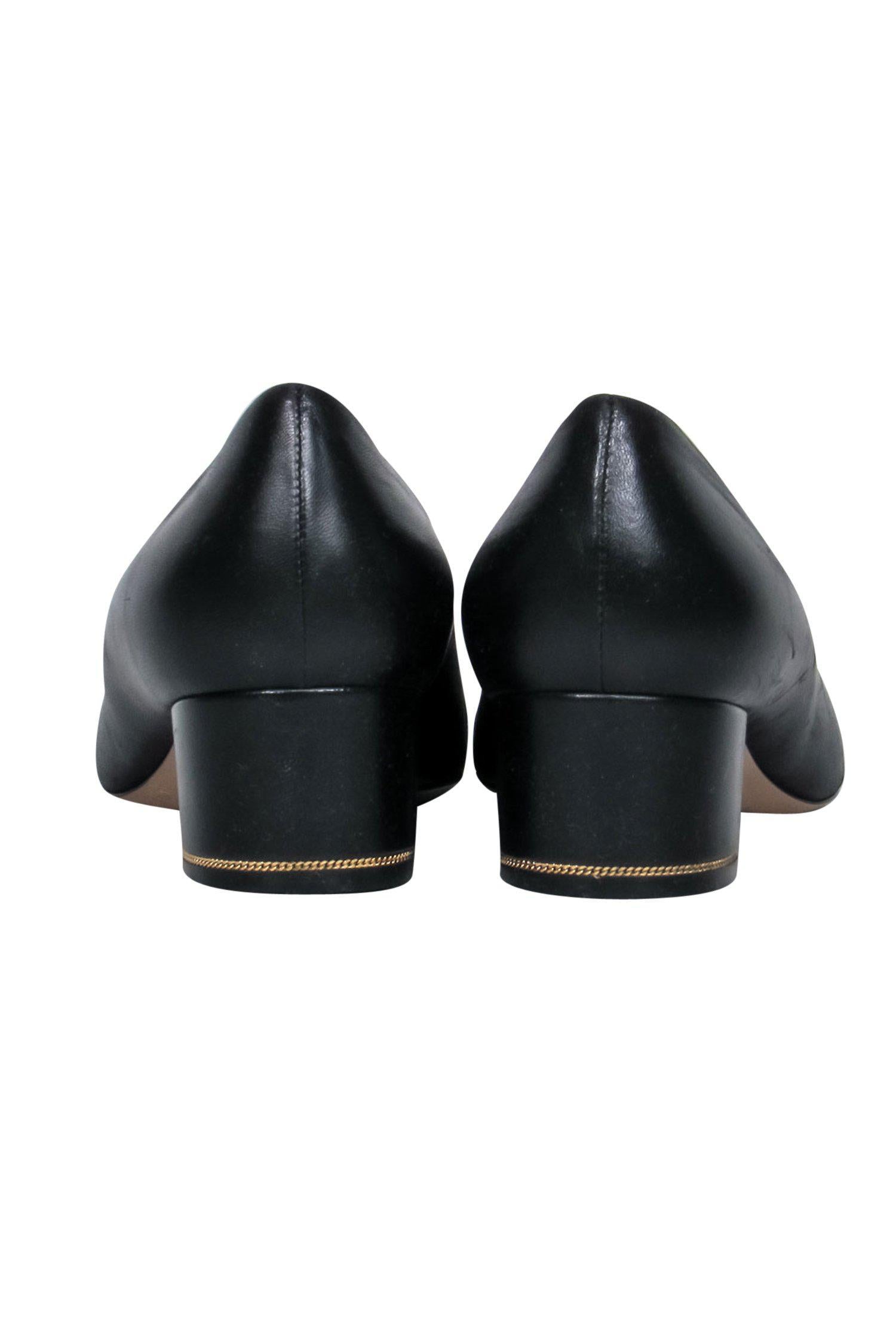 Ferragamo's Stunning Black Leather Block Heeled Pumps with Gold Lock - Size 8