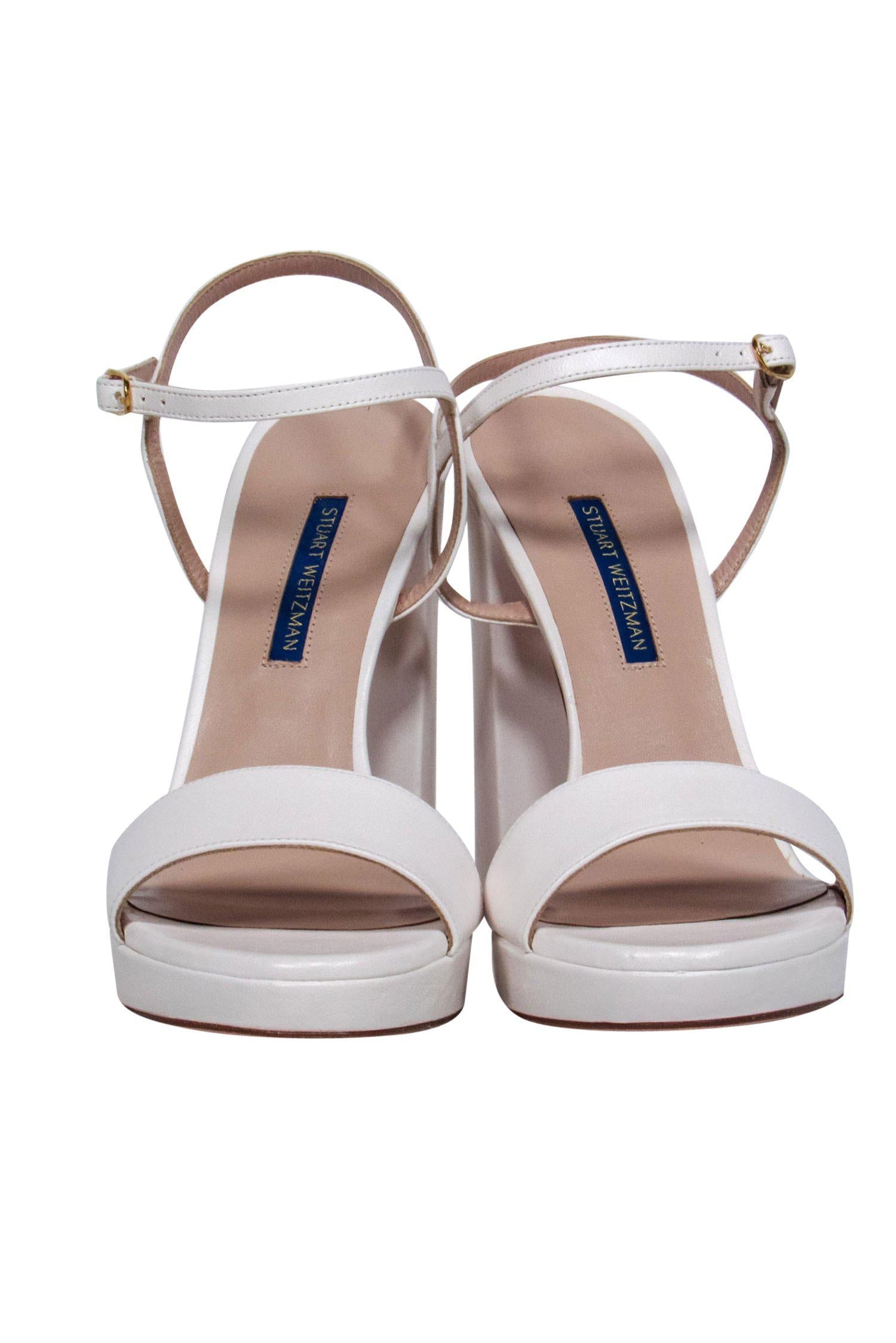 Stuart Weitzman White Leather Strappy Block Heel Sunray Pumps - Size 9.5 - Chic Summer Must - Haves