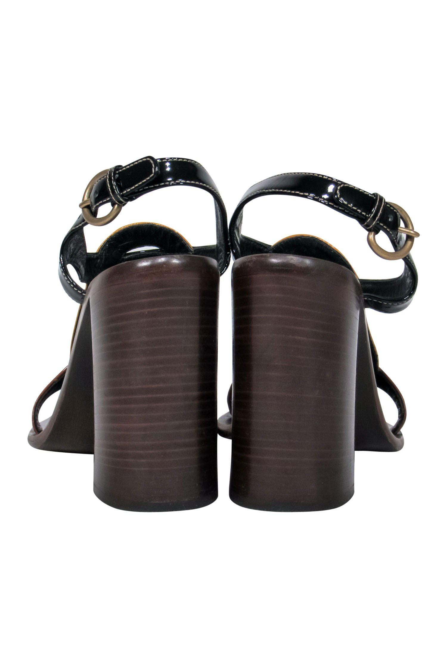 Miu Miu - Stunning Brown, Mustard & Black Colorblocked Patent Strappy Wooden Pumps in Size 10