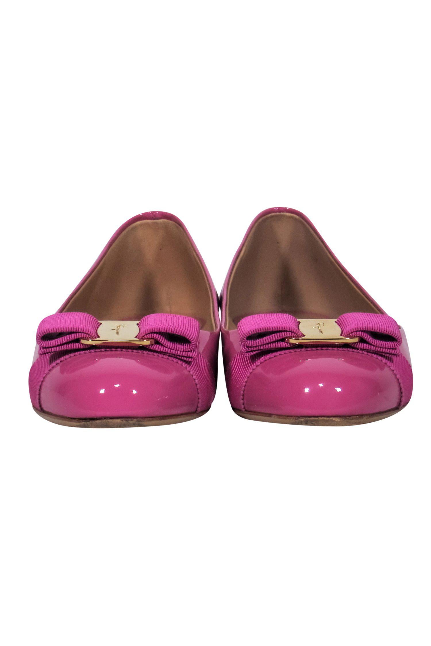 Ferragamo Pink Patent Leather Varina Ballet Flats with Bow - Size 8