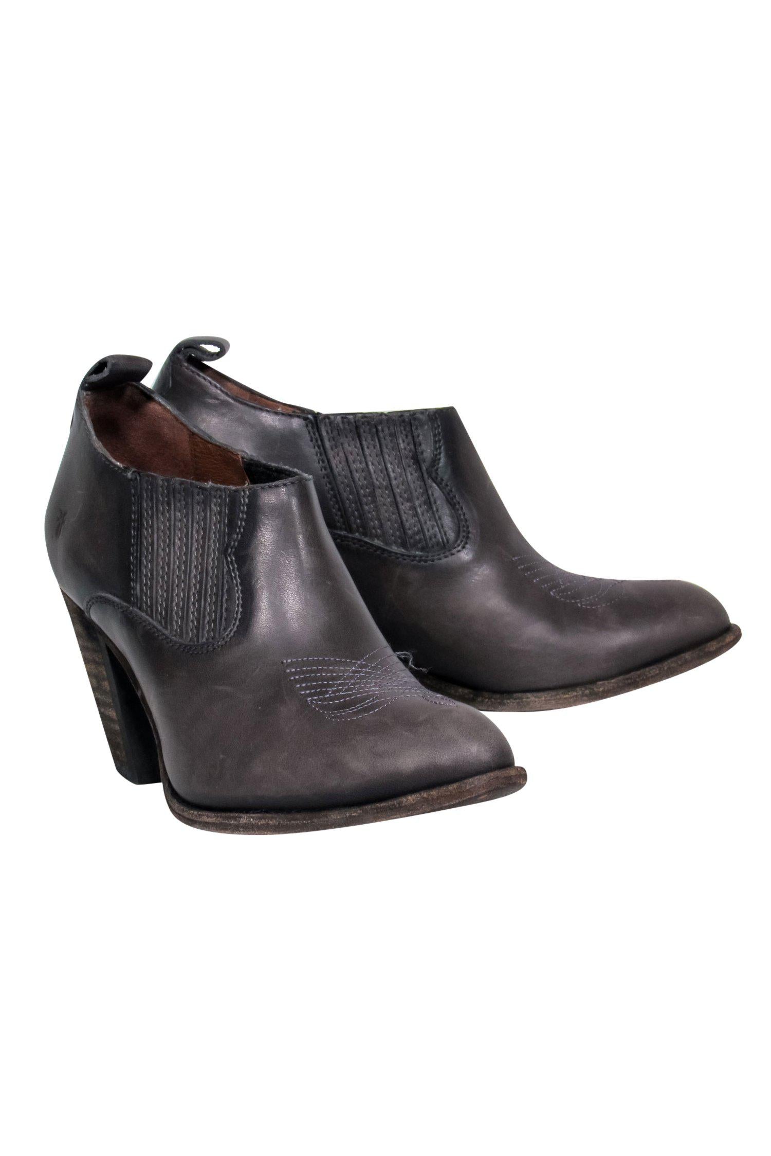 Frye Dark Grey Distressed Leather Booties with Stitching Detail - Size 6.5