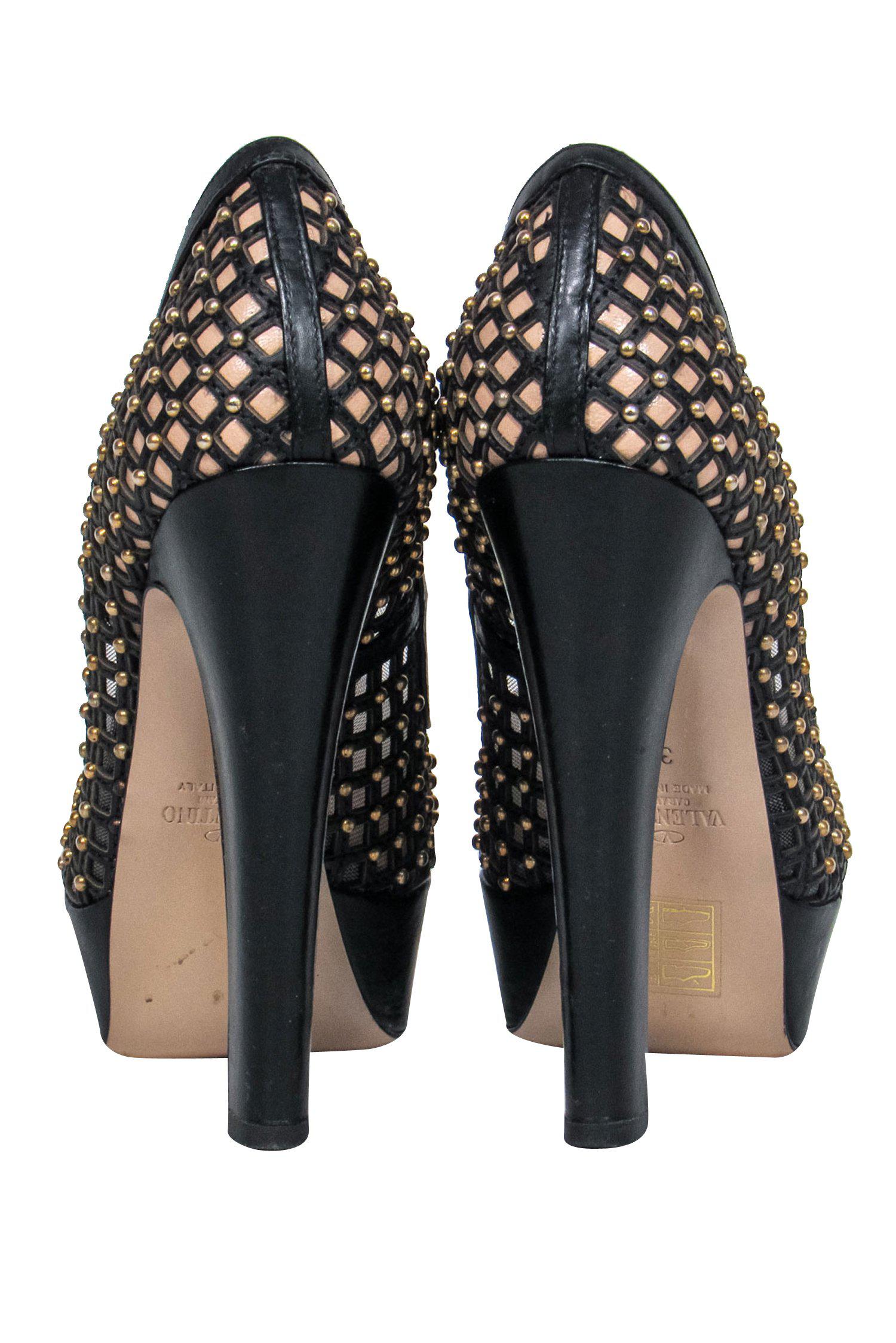 Valentino Glam! Black & Beige Mesh Gold Studded Platform Pumps - Size 7