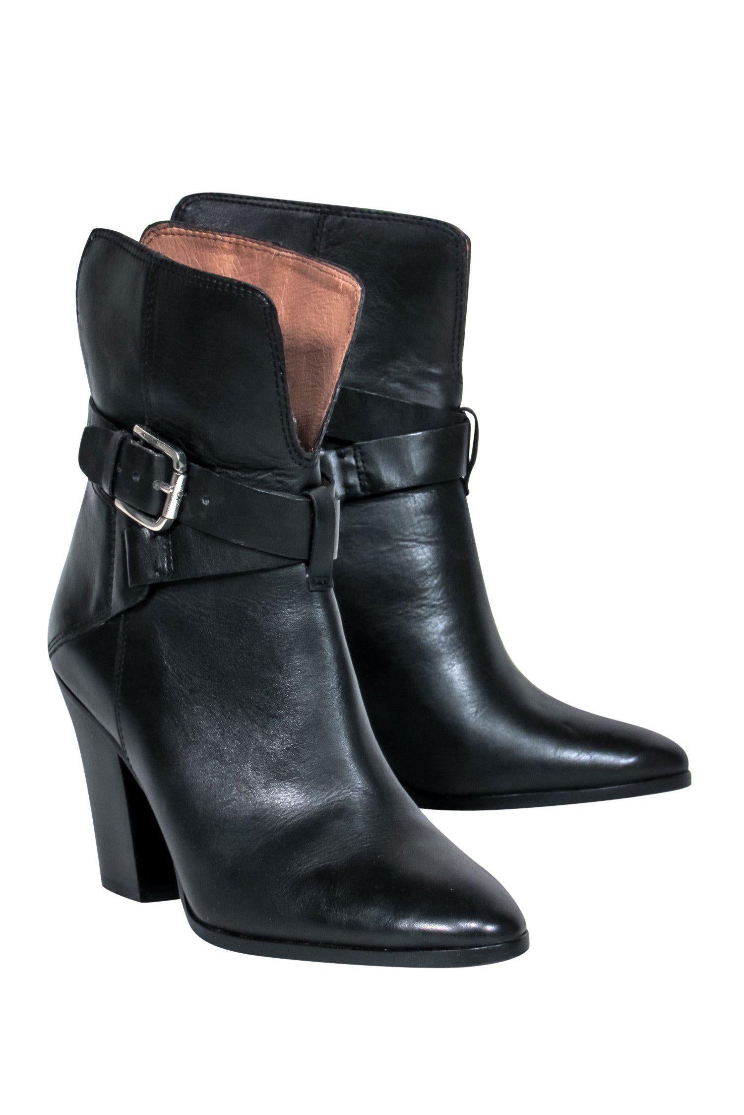 Donald J Pliner's Stylish Black Leather Block Heel Ankle Booties with Buckle, Size 5.5