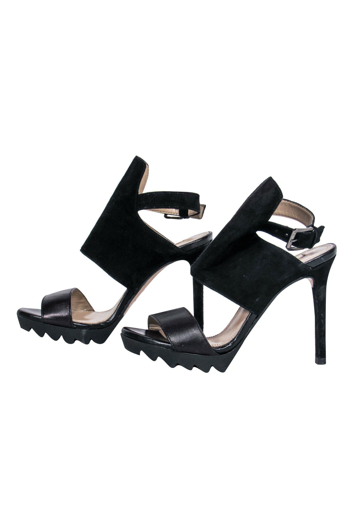 BCBG Max Azria - Glamorous Black Suede Open Toe Ankle Strap Stilettos in Size 6.5