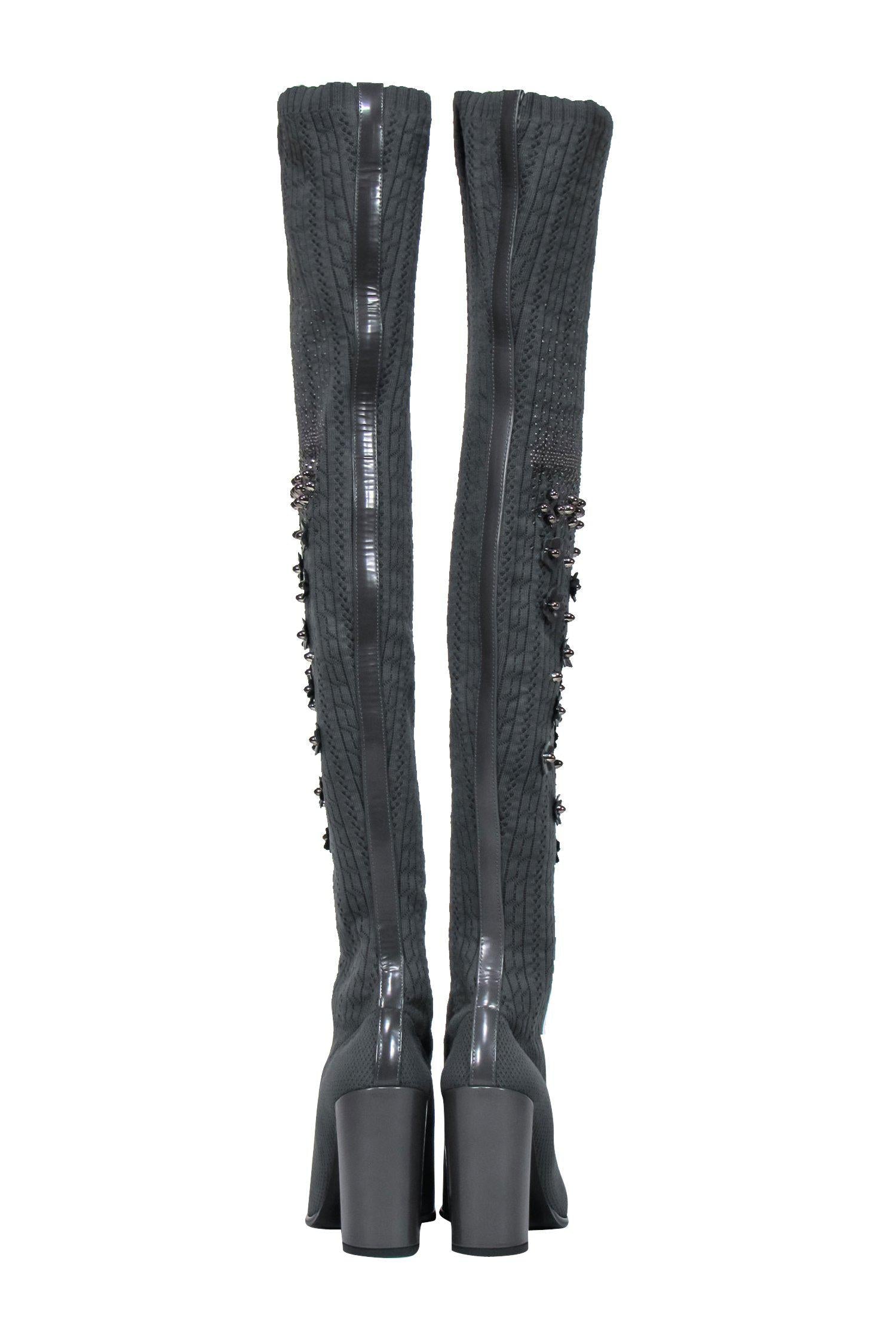 Stuart Weitzman - Gorgeous Grey Knit Over-the-Knee Heeled Boots with Sparkling Embellishments, Size 7.5