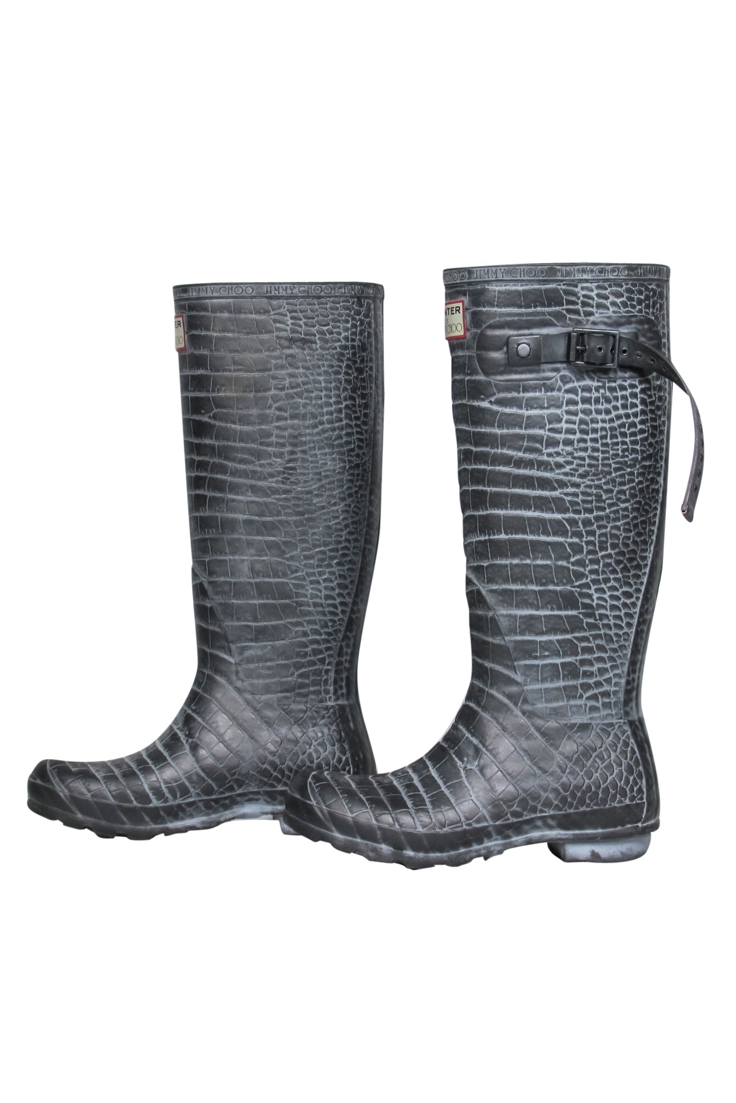 Hunter x Jimmy Choo - Stylish Grey Alligator Embossed Rain Boots with Leopard Print Interior, Size 6.5