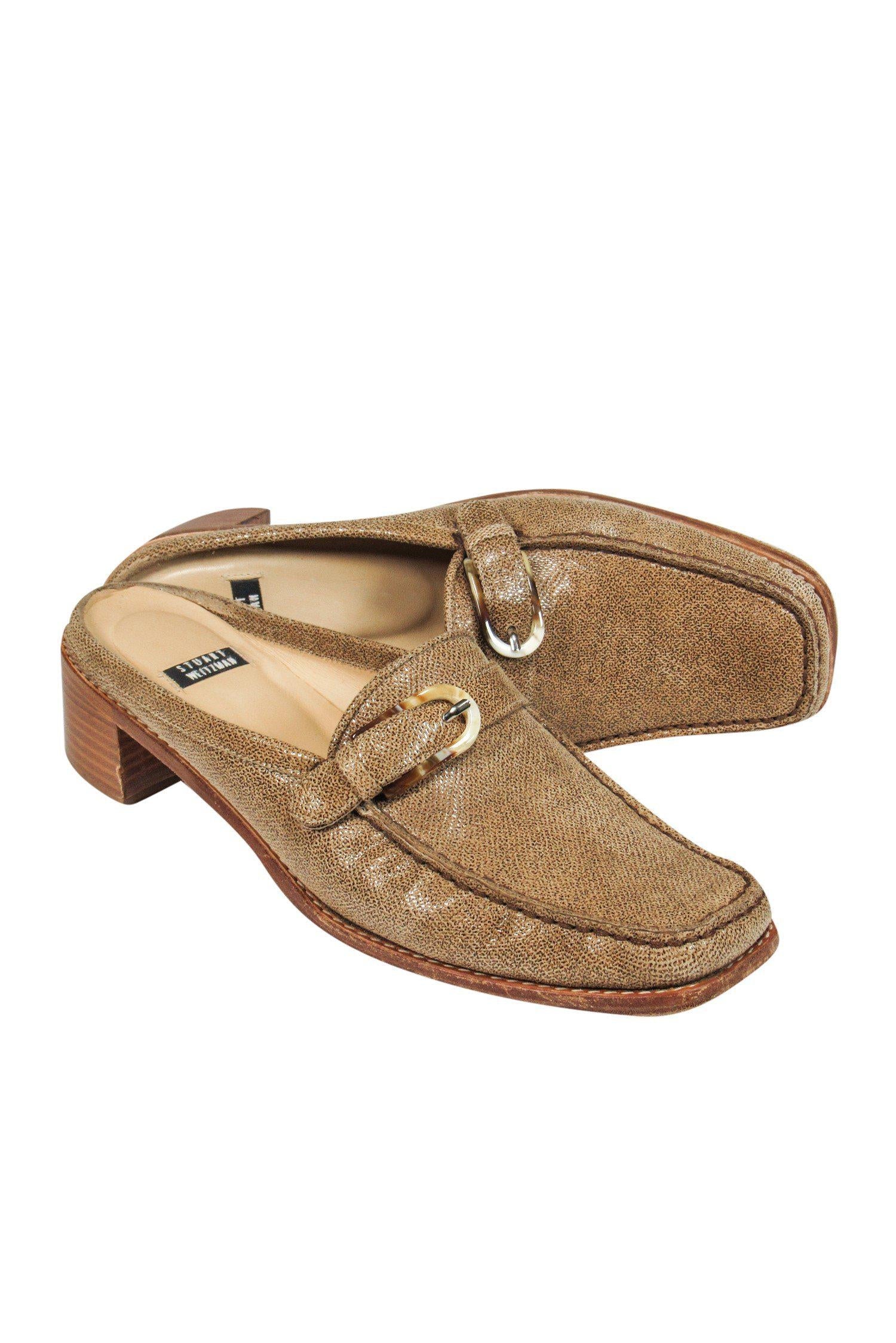 Stuart Weitzman Tan Leather Block Heel Mules - Size 7.5: A Must-Have for Every Wardrobe!