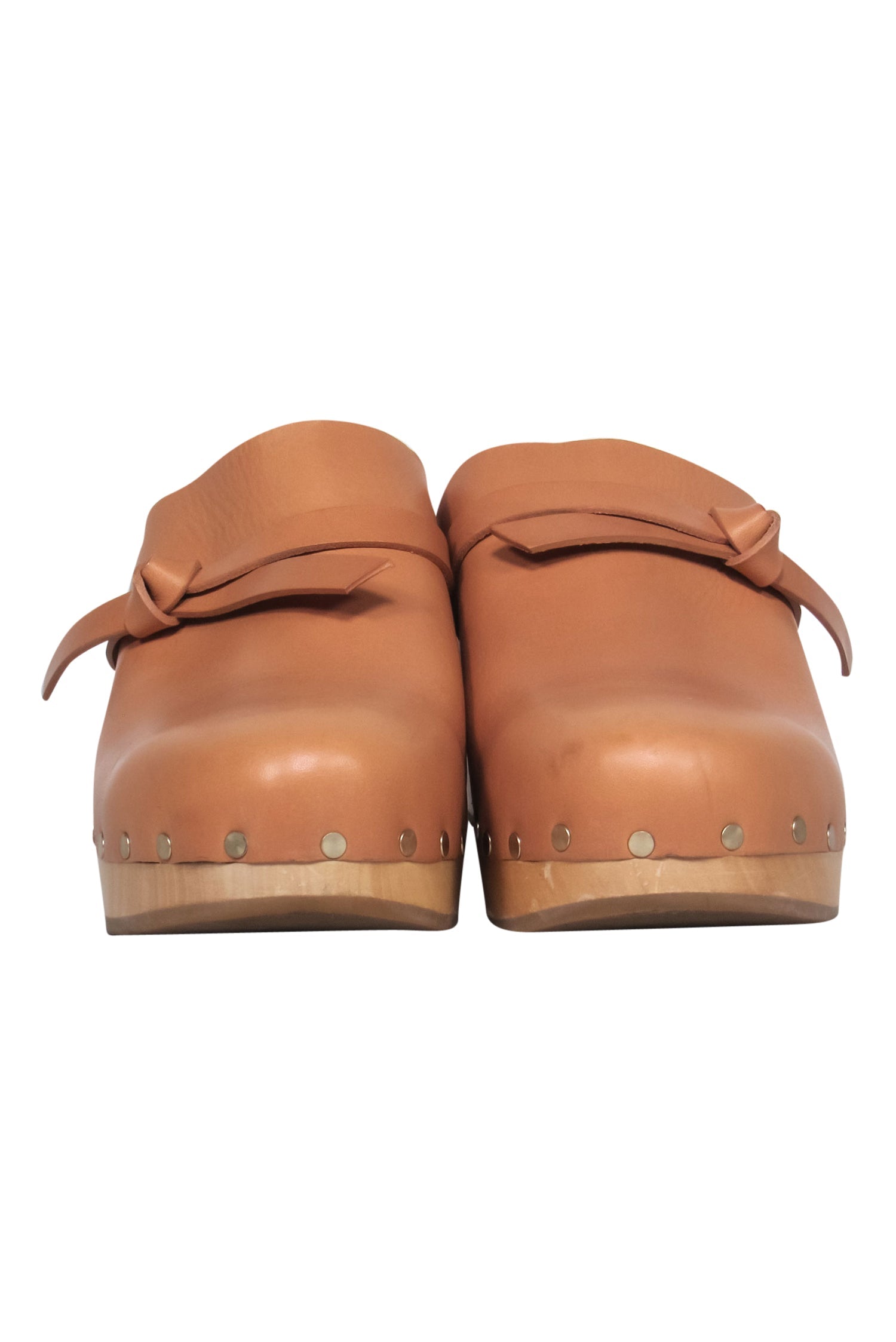 Loeffler Randal Light Brown Smooth Leather Clogs with Wooden Heel - Size 8.5