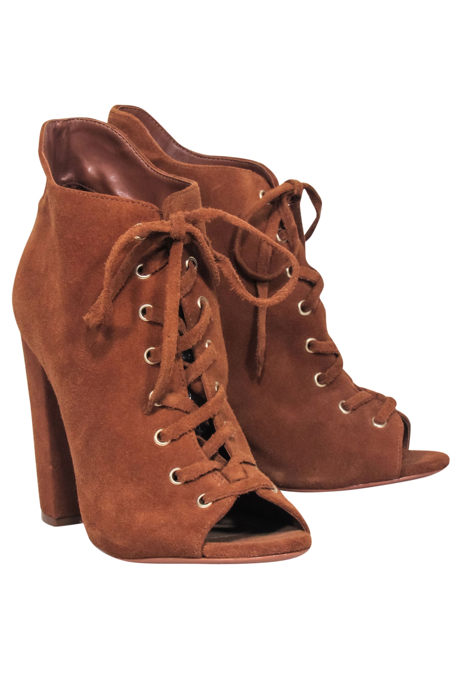 Schutz Tan Suede Lace - Up Peep - Toe Booties (Size 8) - Fall Fashion Must - Have