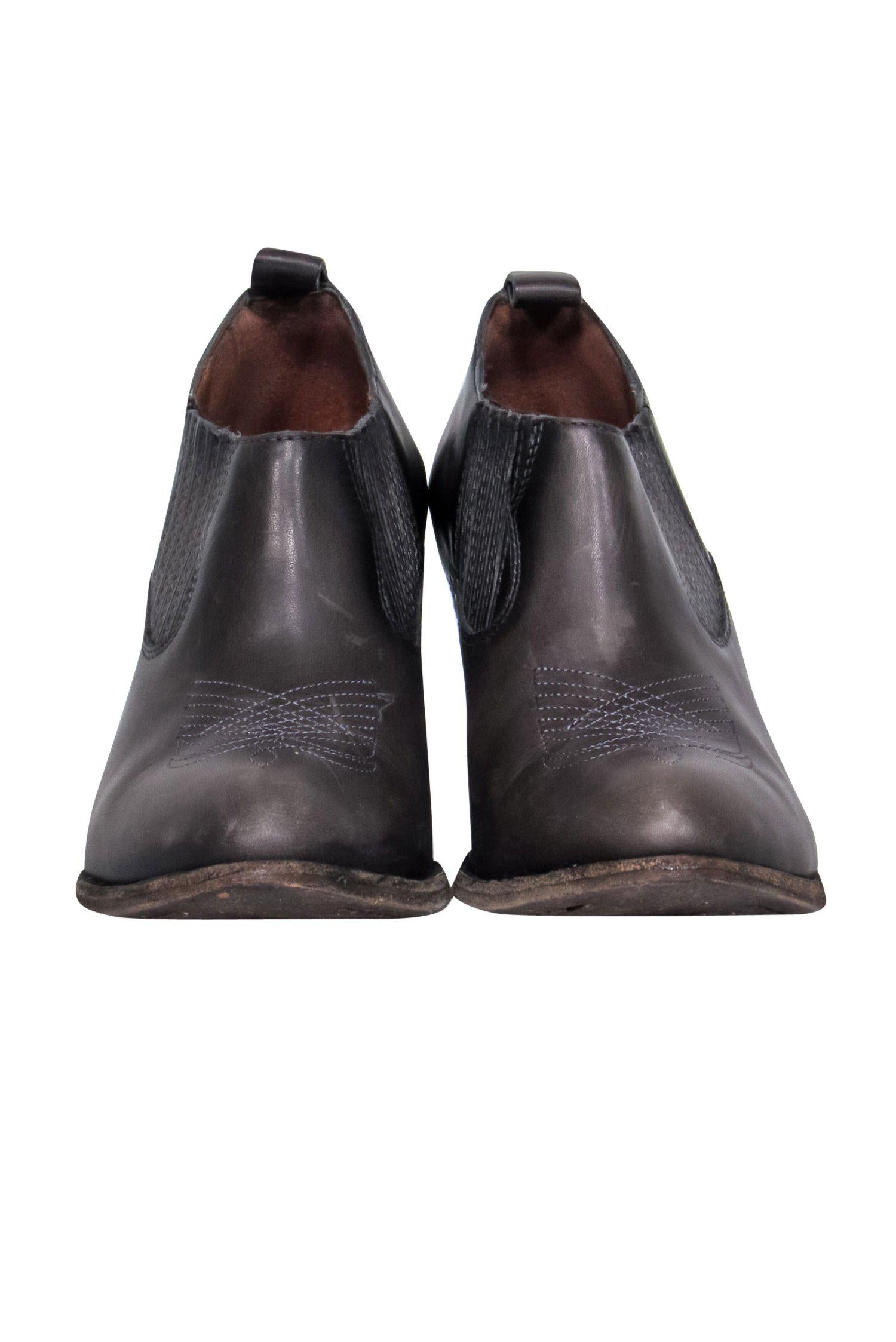 Frye Dark Grey Distressed Leather Booties with Stitching Detail - Size 6.5
