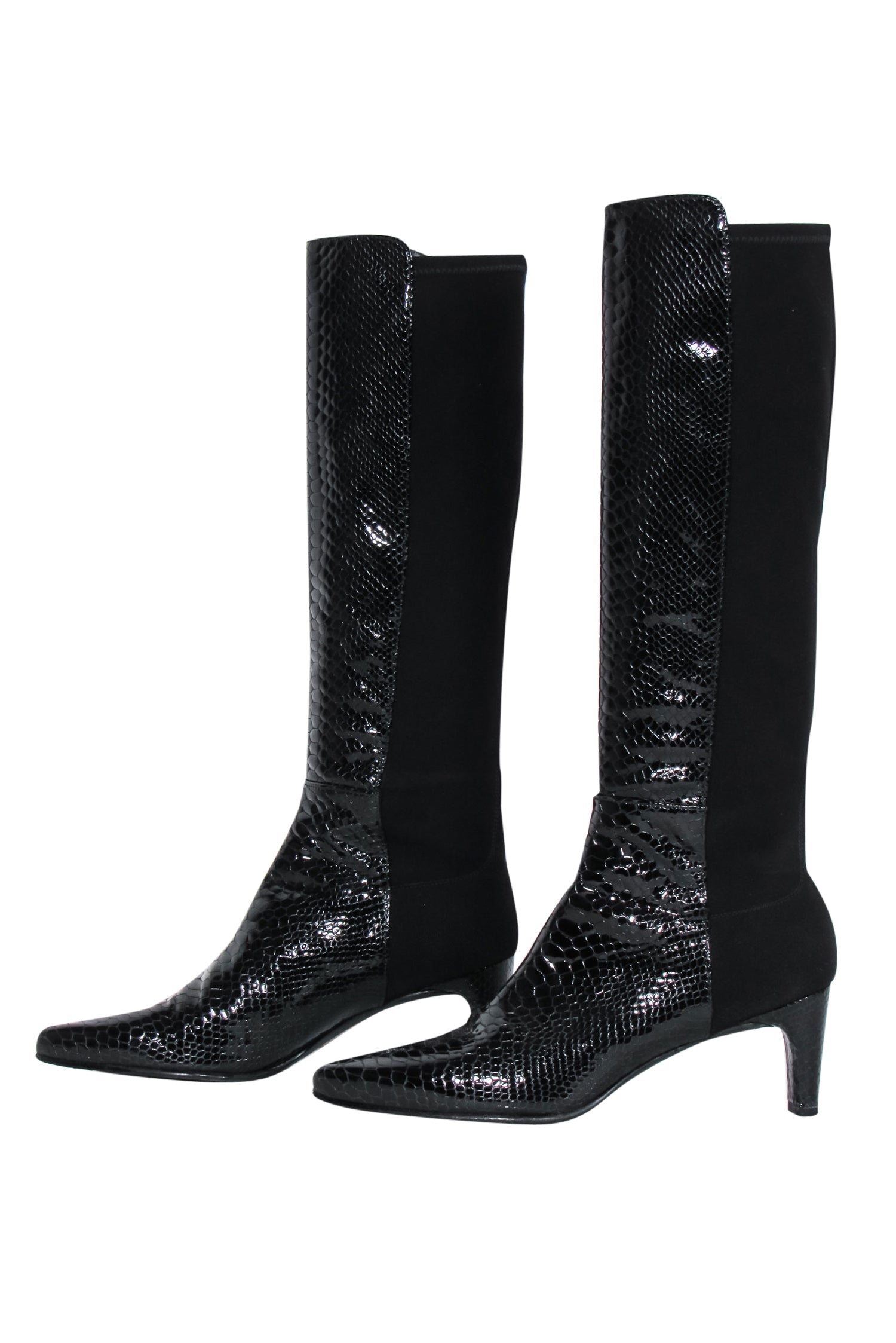 Stuart Weitzman's Alluring Black Reptile - Embossed Patent Leather Boots, Size 9