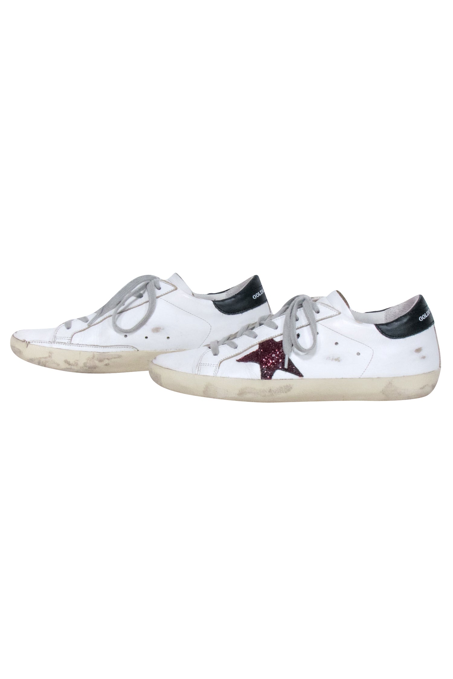 Golden Goose Superstar Sneakers - White Leather with Maroon Glitter Star, Size 8