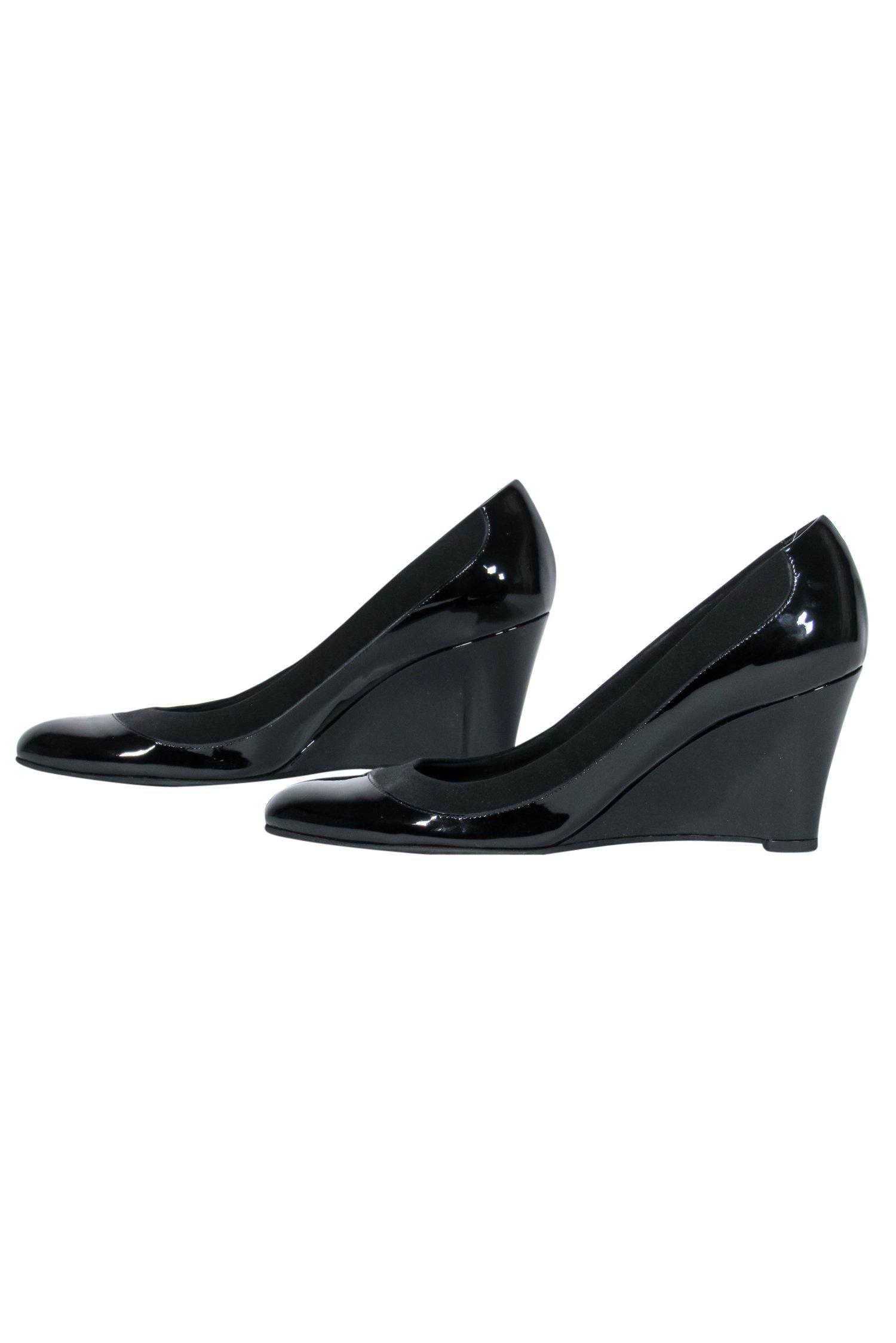 Ferragamo Black Patent Leather Navigli Wedges - Size 9.5 - Stylish Professional Footwear