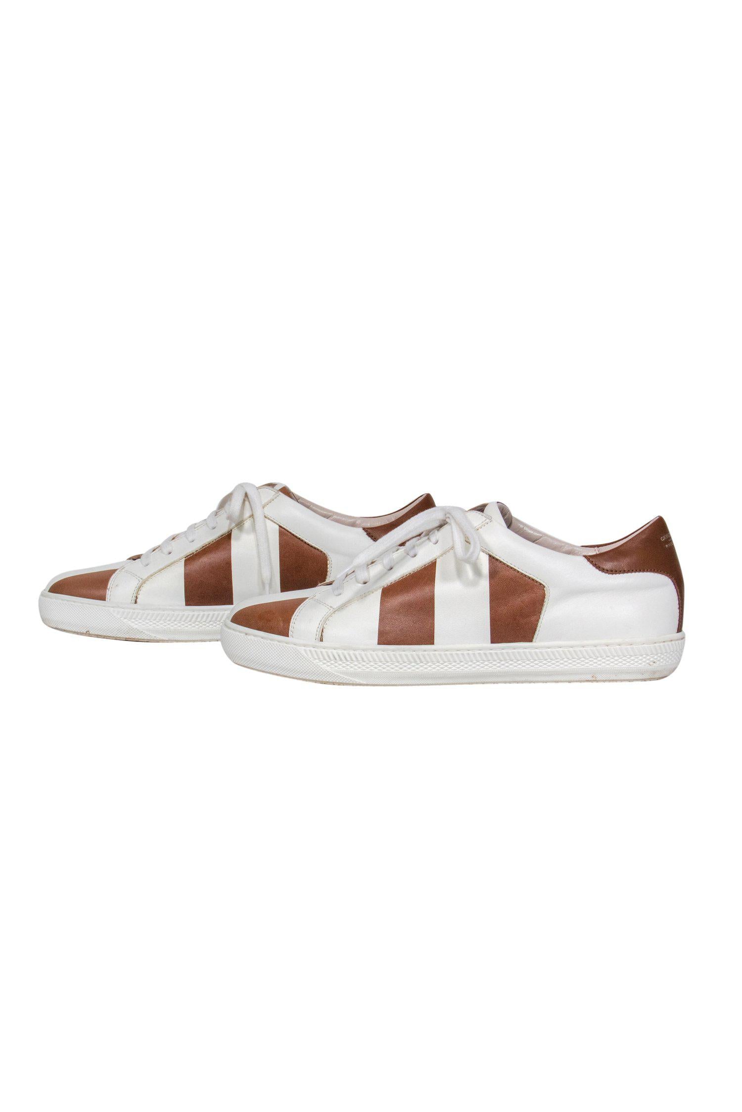 Giorgio Armani's Stylish White & Brown Striped Lace - Up Sneakers (Size 8)