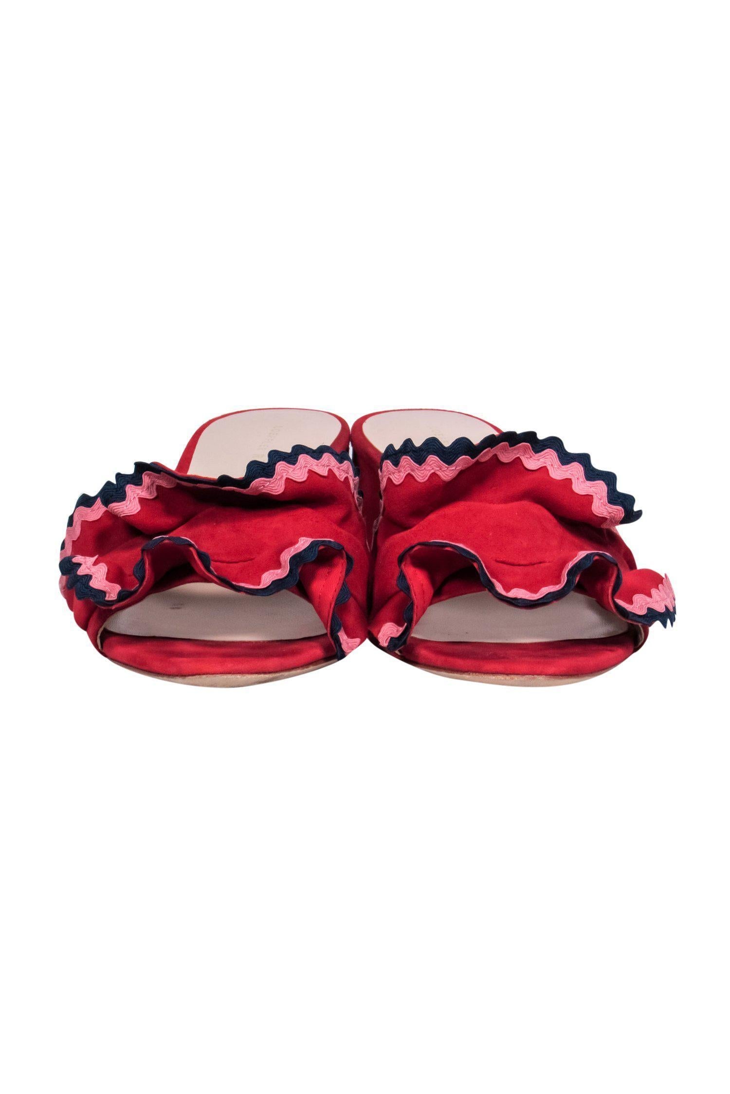 Loeffler Randall Red Ruffle Slide Block Heel Pumps with Multicolored Embroidery - Size 8.5