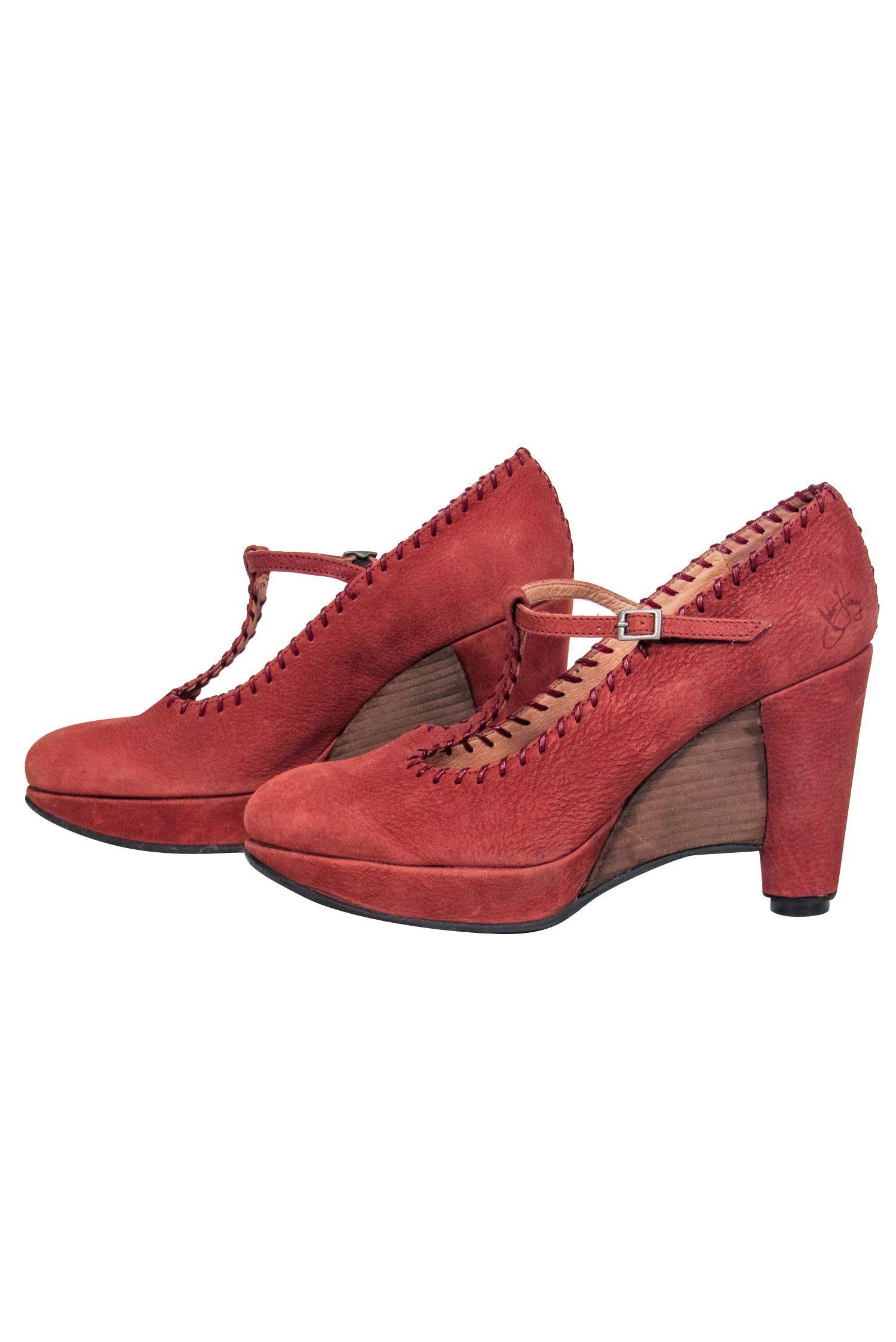 John Fluevog Rust Leather T-Strap Wedge Heels - Size 9, A Whimsical Fashion Statement