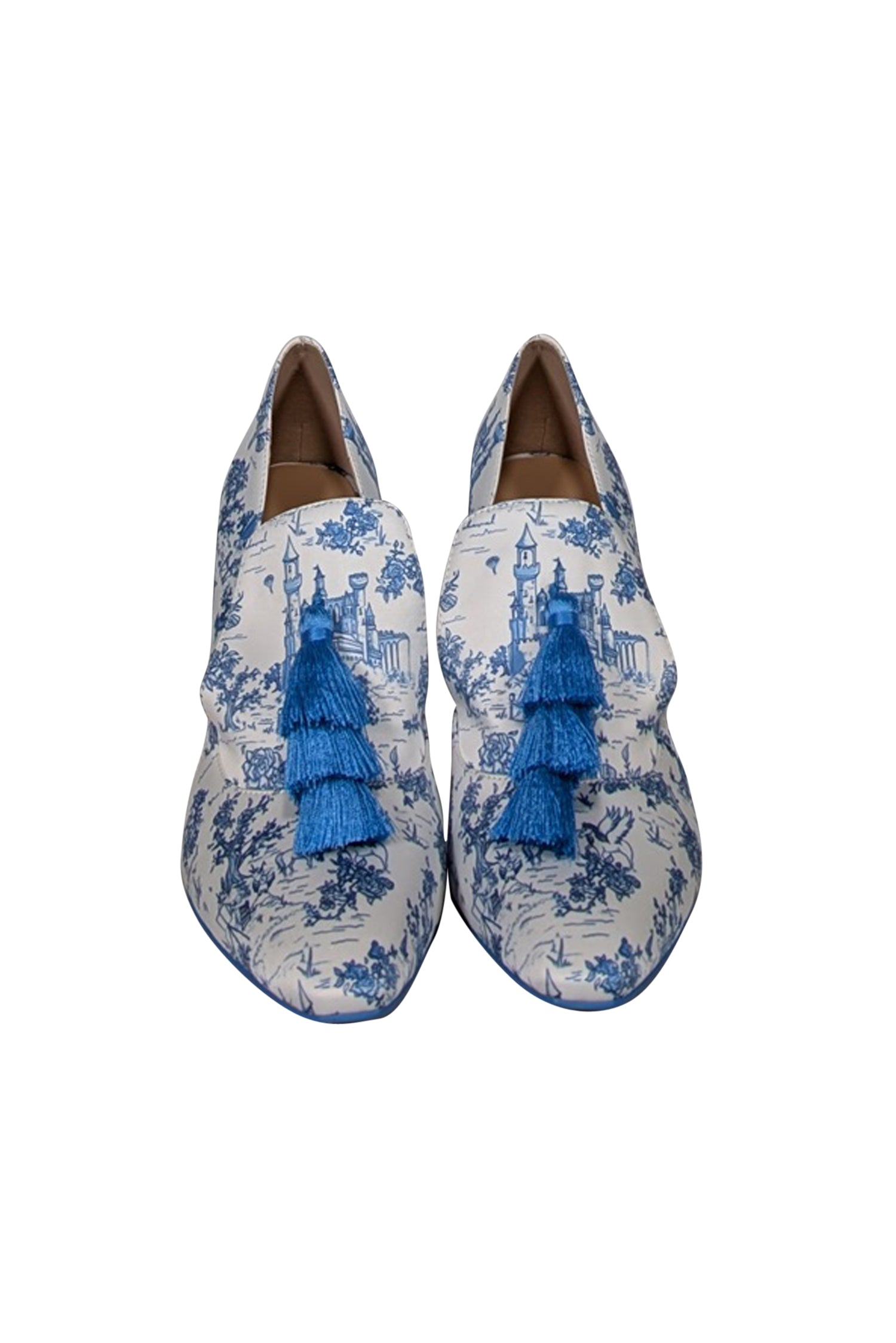 She Is Cheval - Enchanting White & Blue Toile Print Satin Heels in Size 8.5