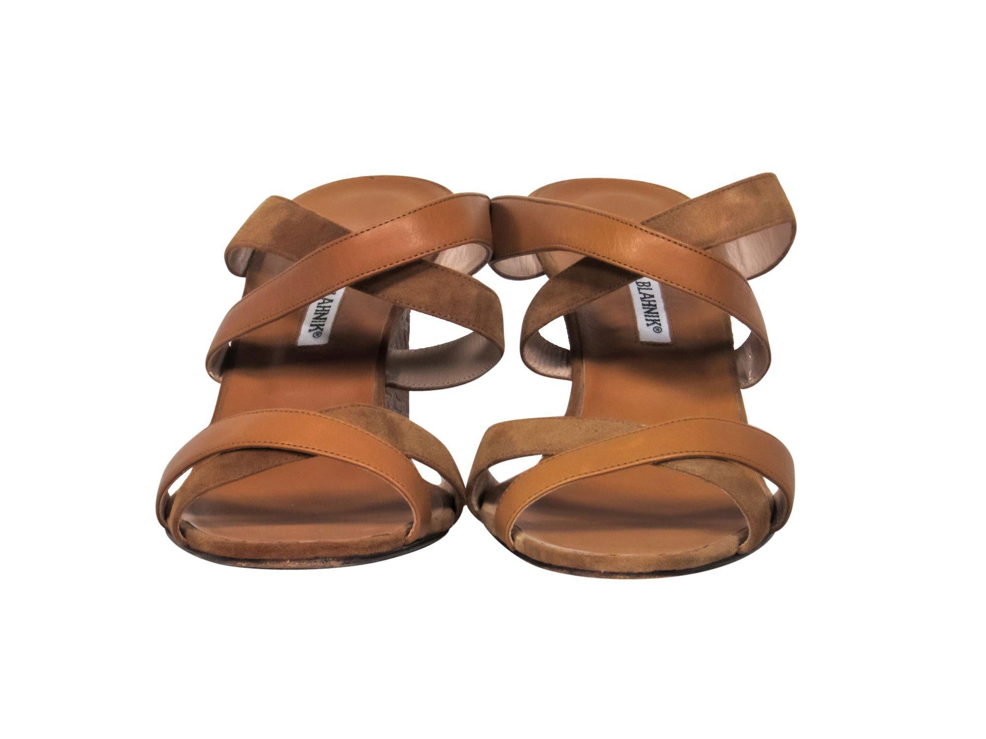 Manolo Blahnik - Stunning Tan Leather & Suede Strappy Wedges with Bronze Printed Wedge, Size 8.5