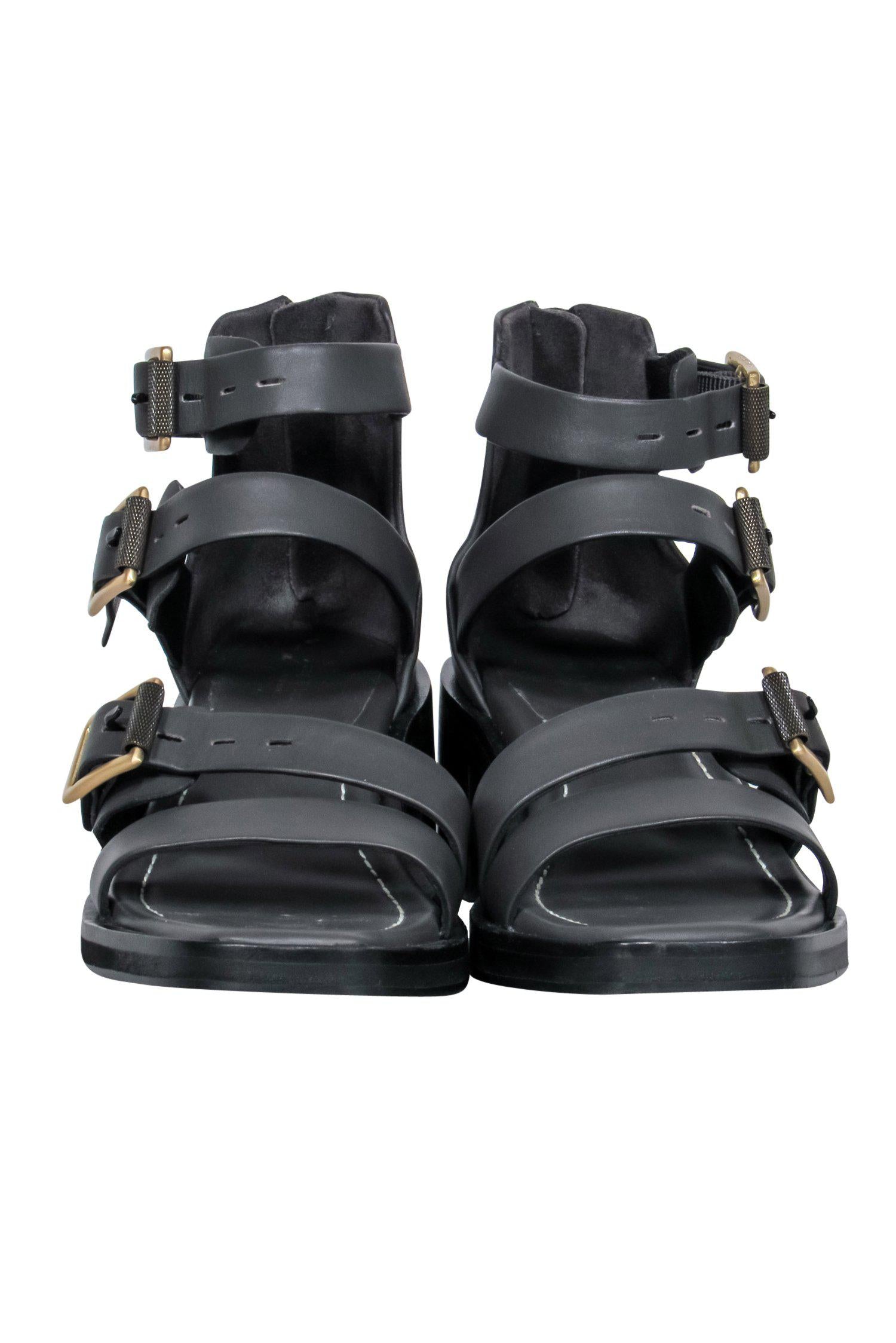 Rag & Bone Dark Grey Leather Buckled Heeled Sandals - Size 6.5