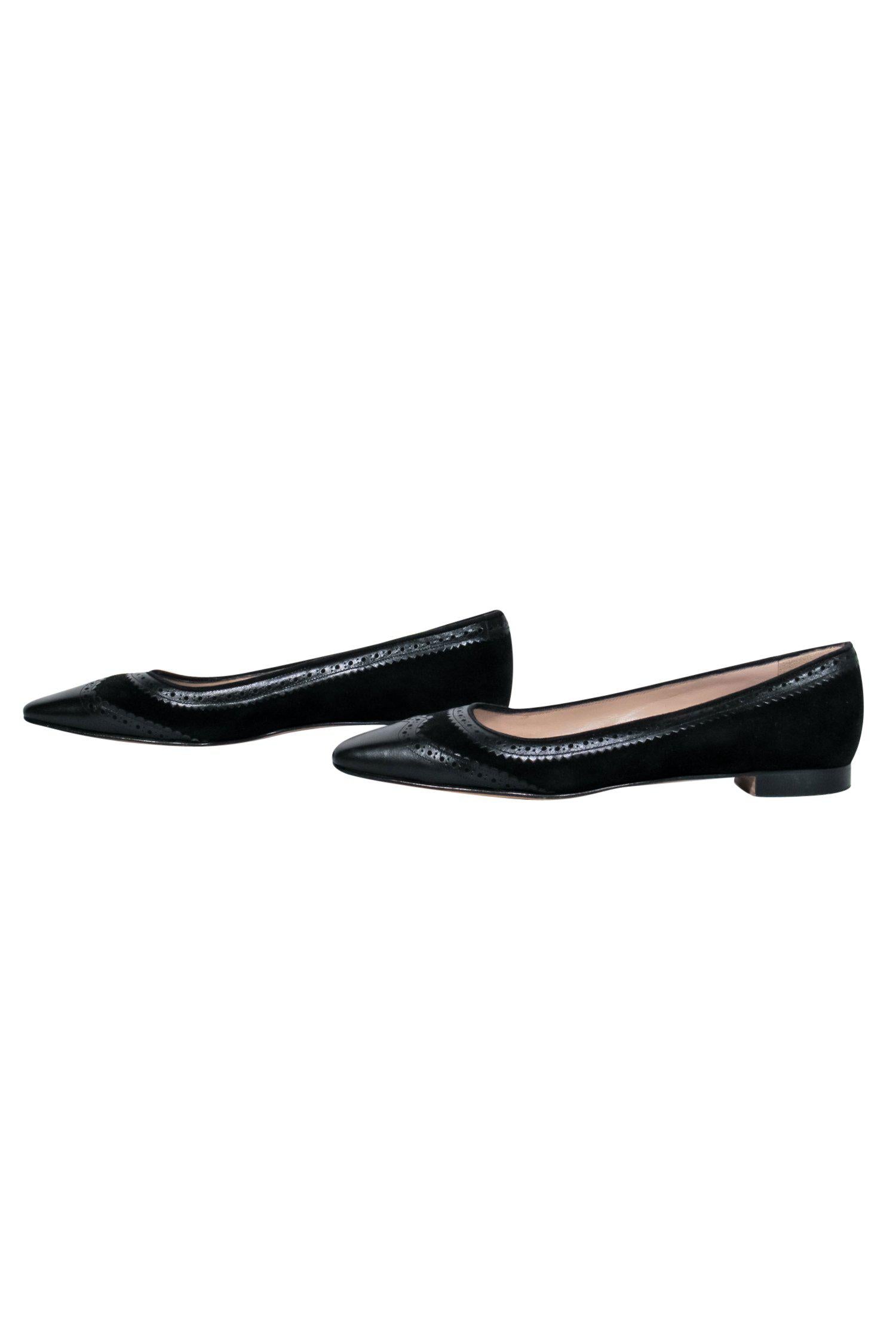 Manolo Blahnik's Gorgeous Black Suede & Leather Brogue Ballet Flats - Size 8