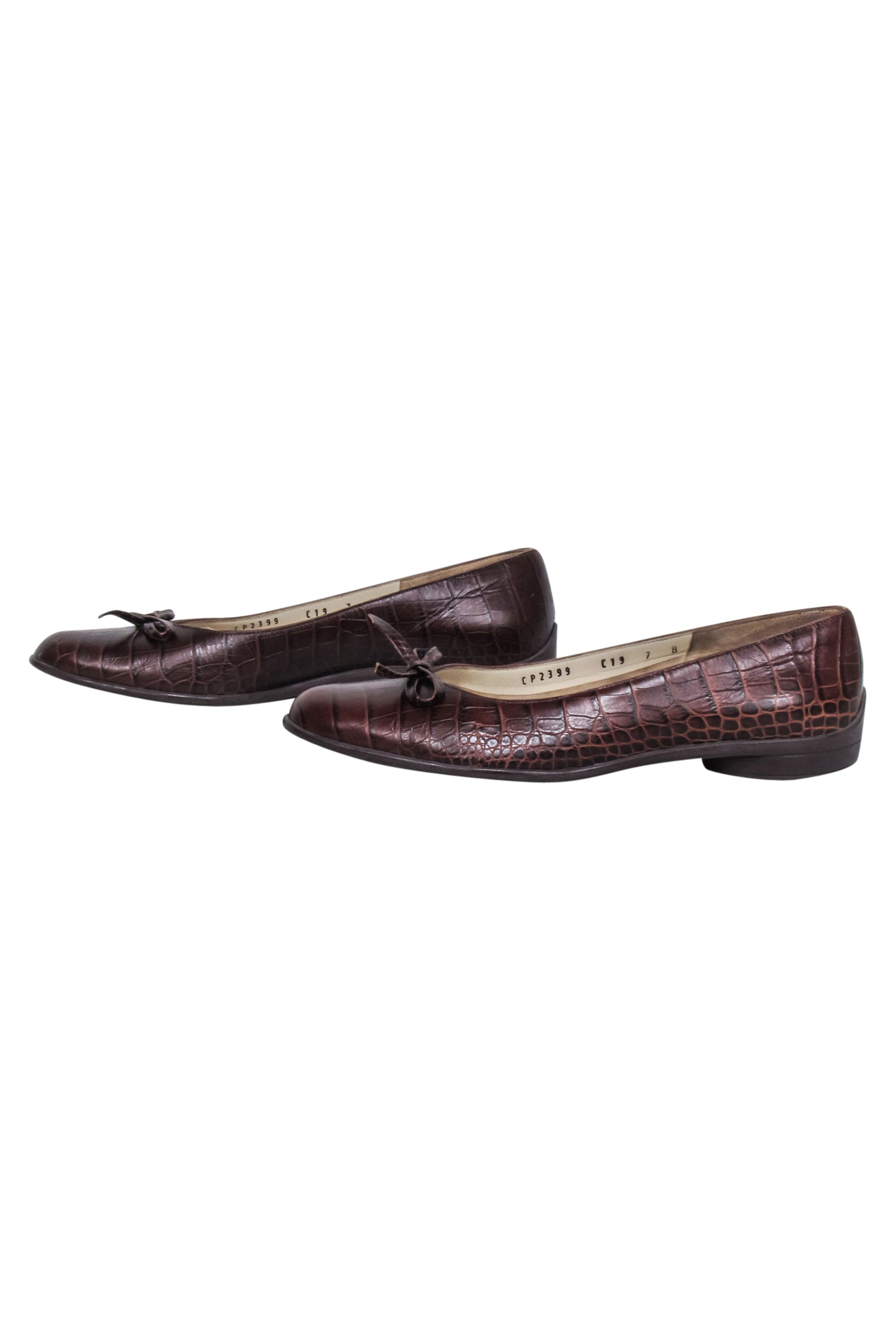 Ferragamo Brown Croc-Embossed Leather Bow Toe Flats - Size 7 - Irresistible Fashion!