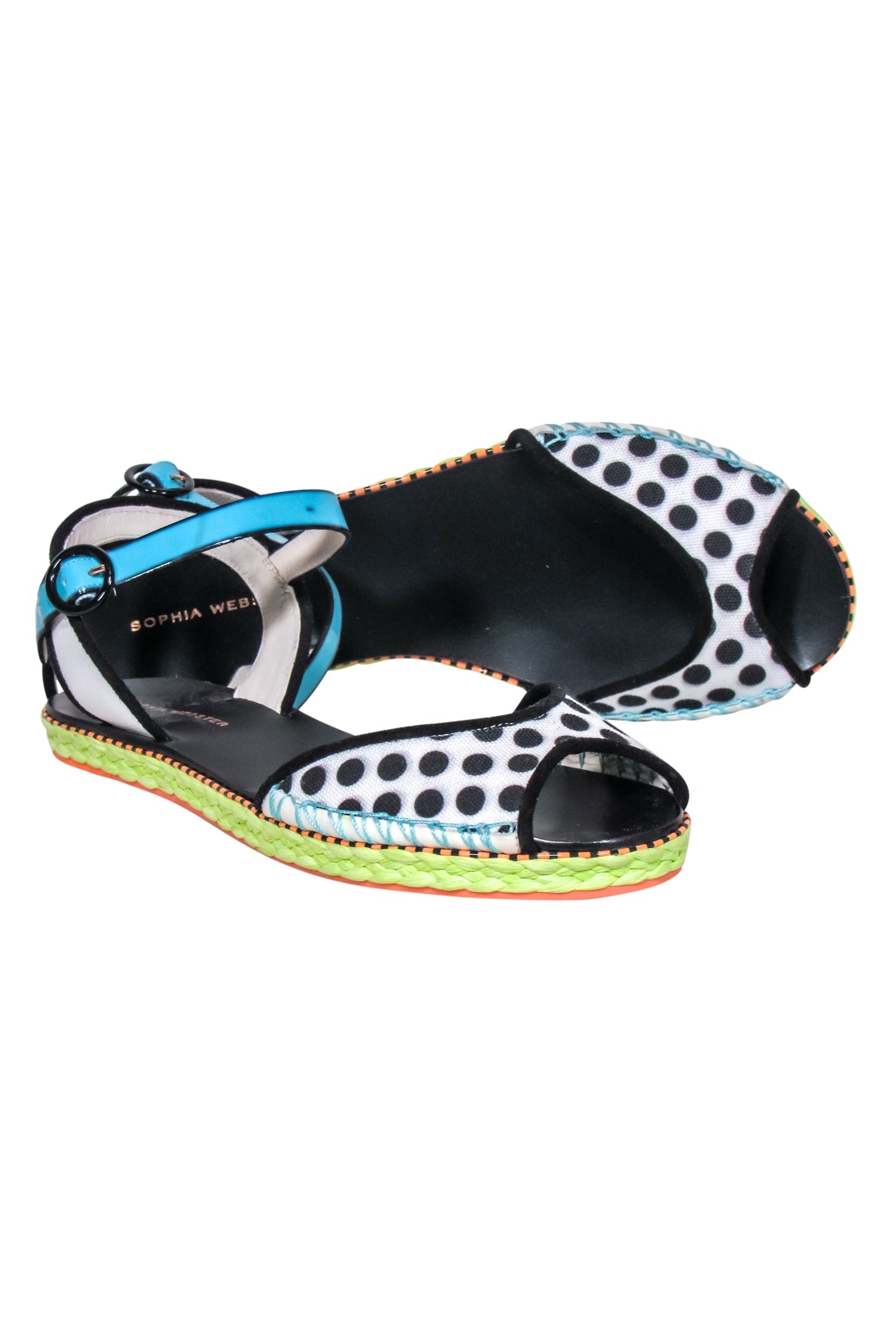 Sophia Webster Summer Bliss: Black & White Polka Dot Sandals with Blue Straps - Size 7.5