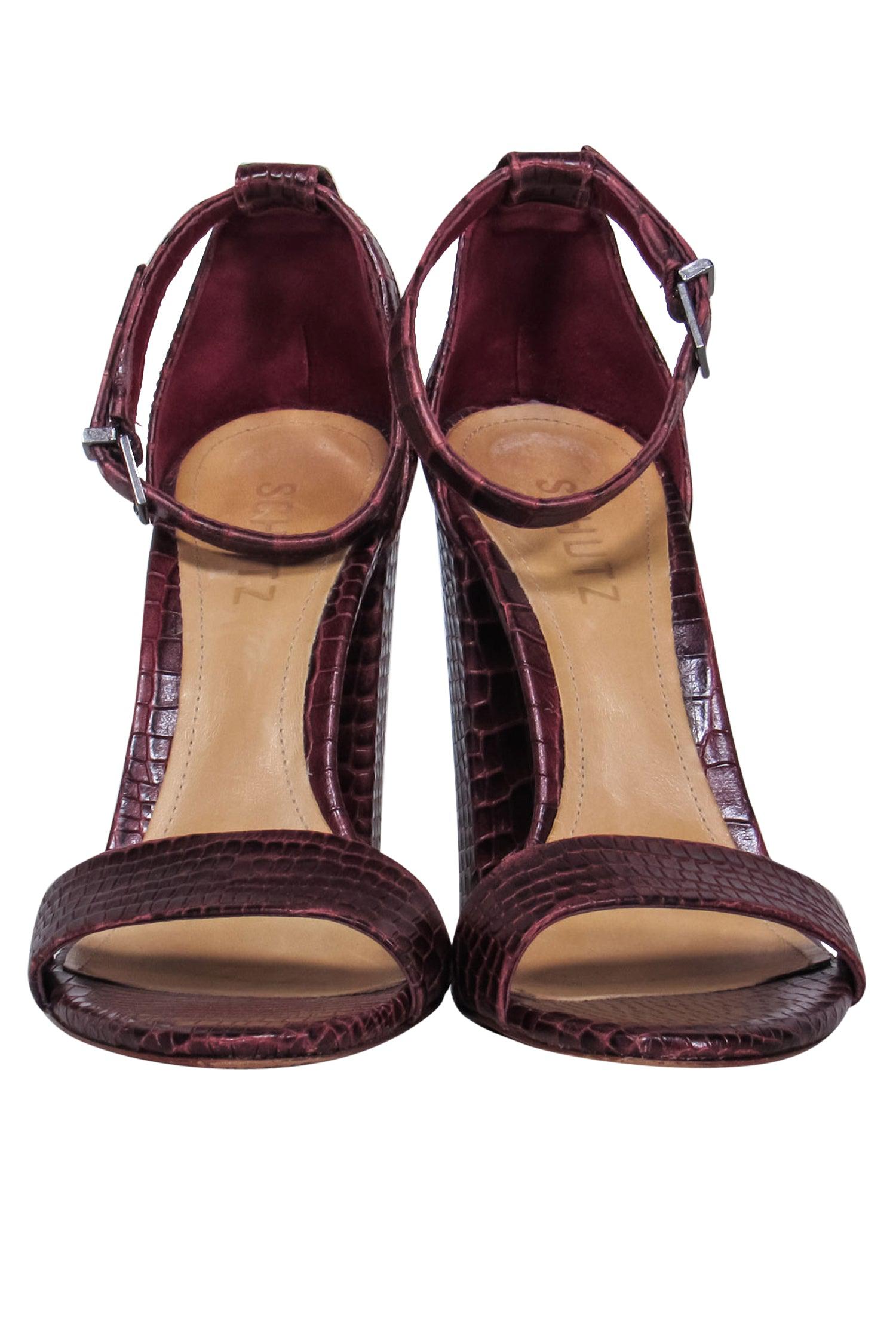 Schutz Burgundy Crocodile-Embossed Block Heel Sandals - Size 7.5: Elevate Your Style!