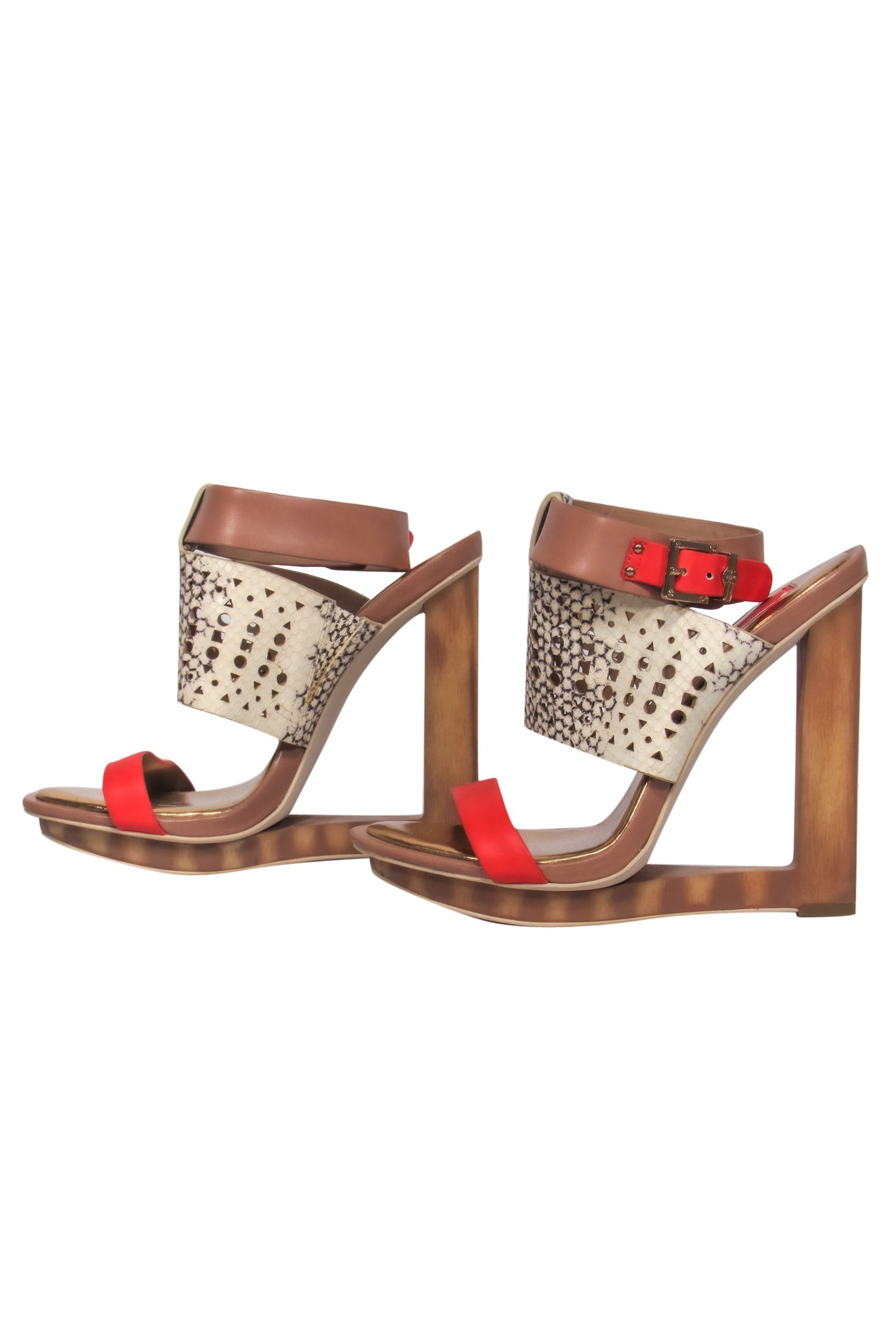BCBG Max Azria - Stunning Orange & Snake Print Open Toe Wooden Hollow Wedge in Size 8