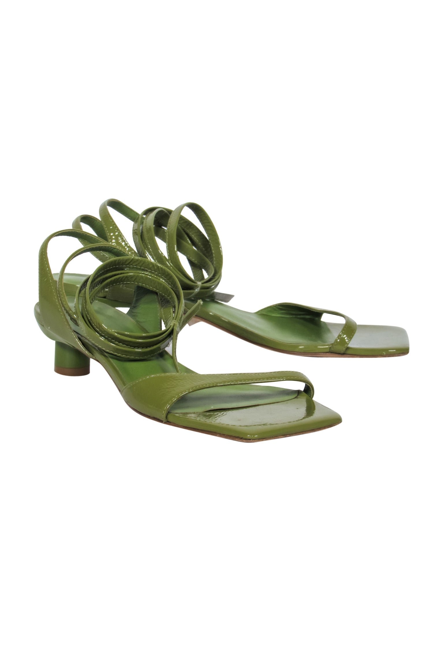 Tibi Avocado Green Patent Leather Strappy Square Toe Heeled Sandals - Size 7.5