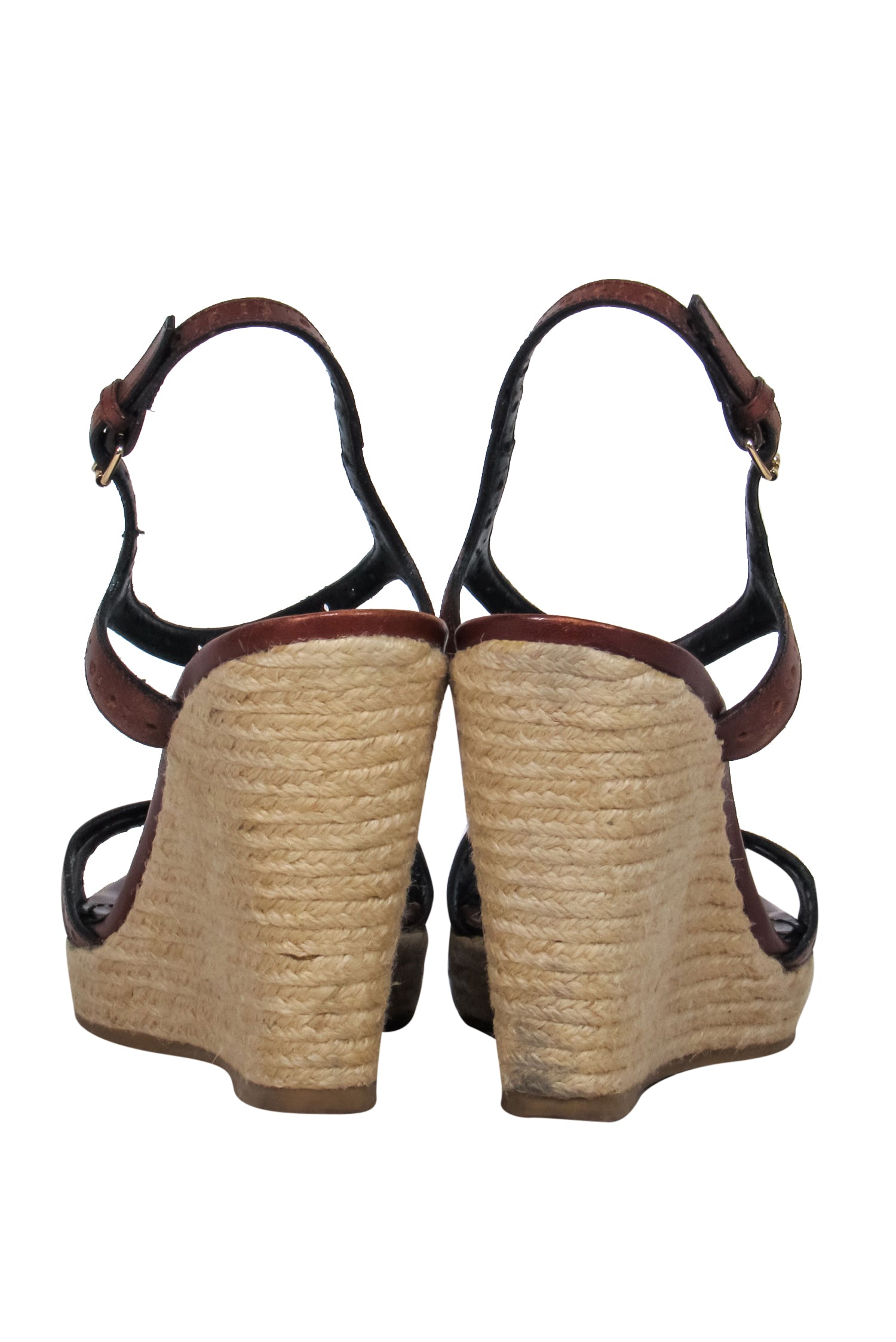 Burberry Brown Eyelet Leather & Tartan Print T-Strap Woven Wedges - Size 11