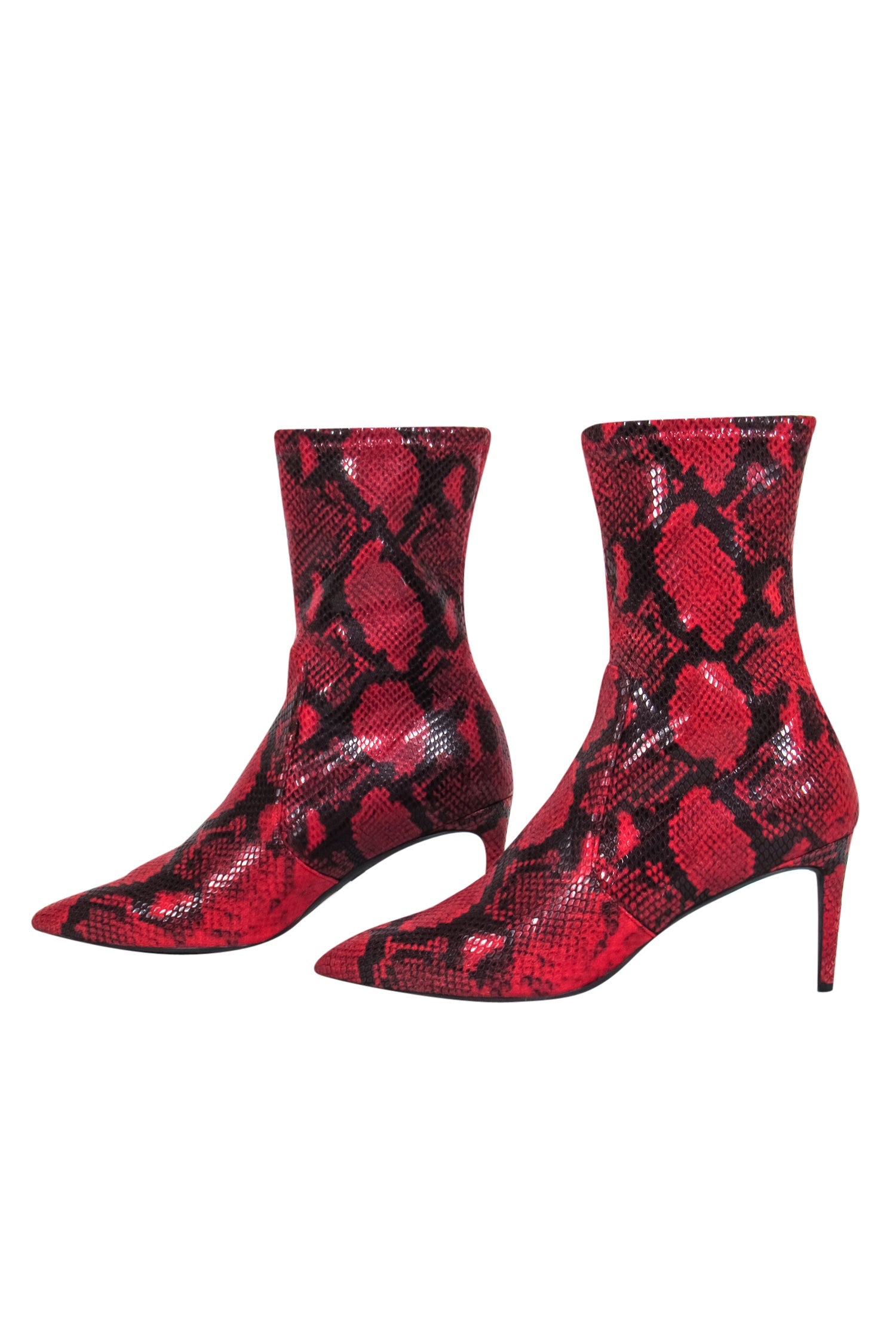 Stuart Weitzman Red & Black Snakeskin Print Heeled Short Boots - Size 8