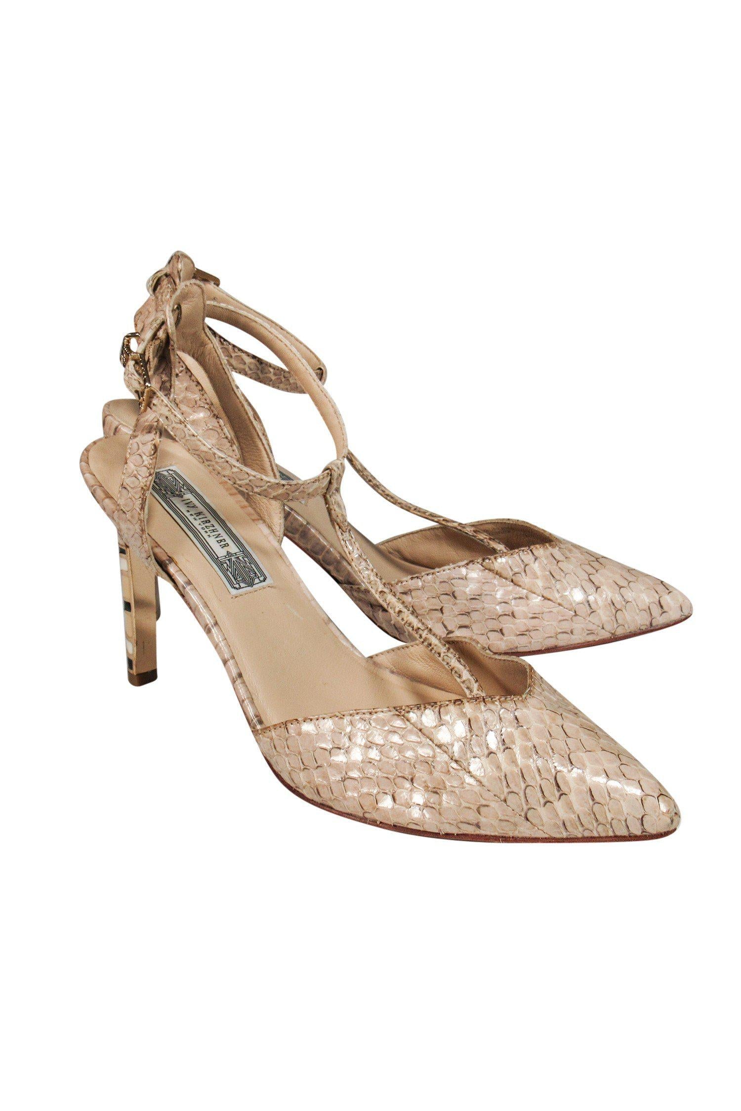Ivy Kirzhner's Chic Beige Crocodile T-Strap Pumps - Size 8.5