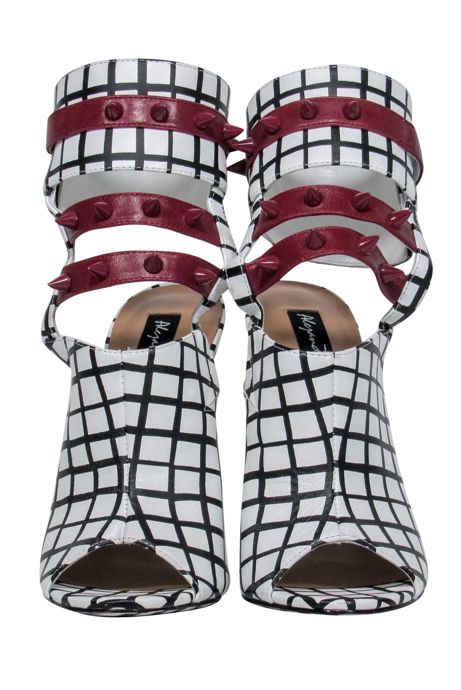 Alejandra G. - Striking White & Black Grid Print Caged Fiona Stilettos with Maroon Spiked Trim - Size 6