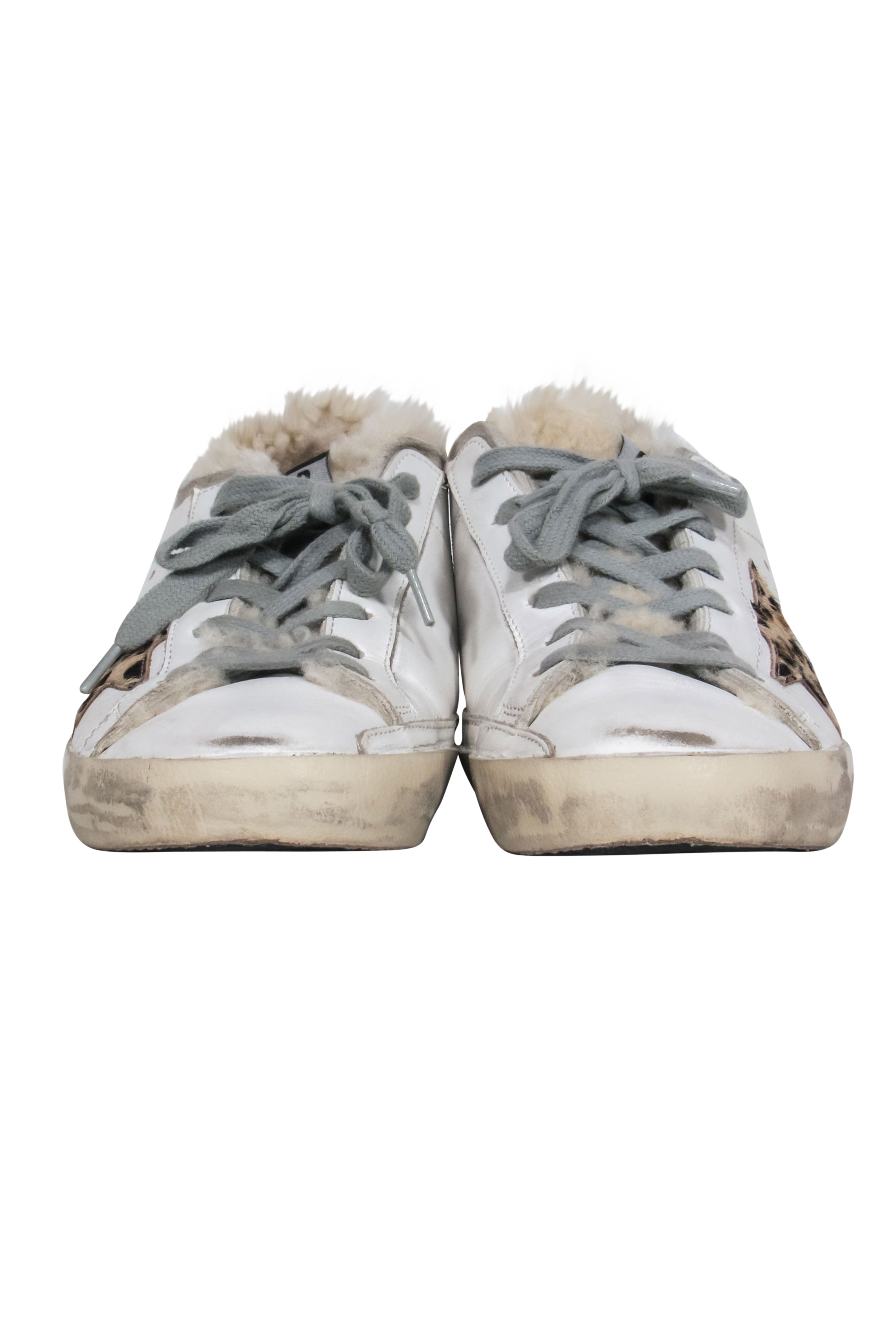 Golden Goose White Superstar Sherpa-Lined Lace-Up Sneakers with Leopard Star - Size 7