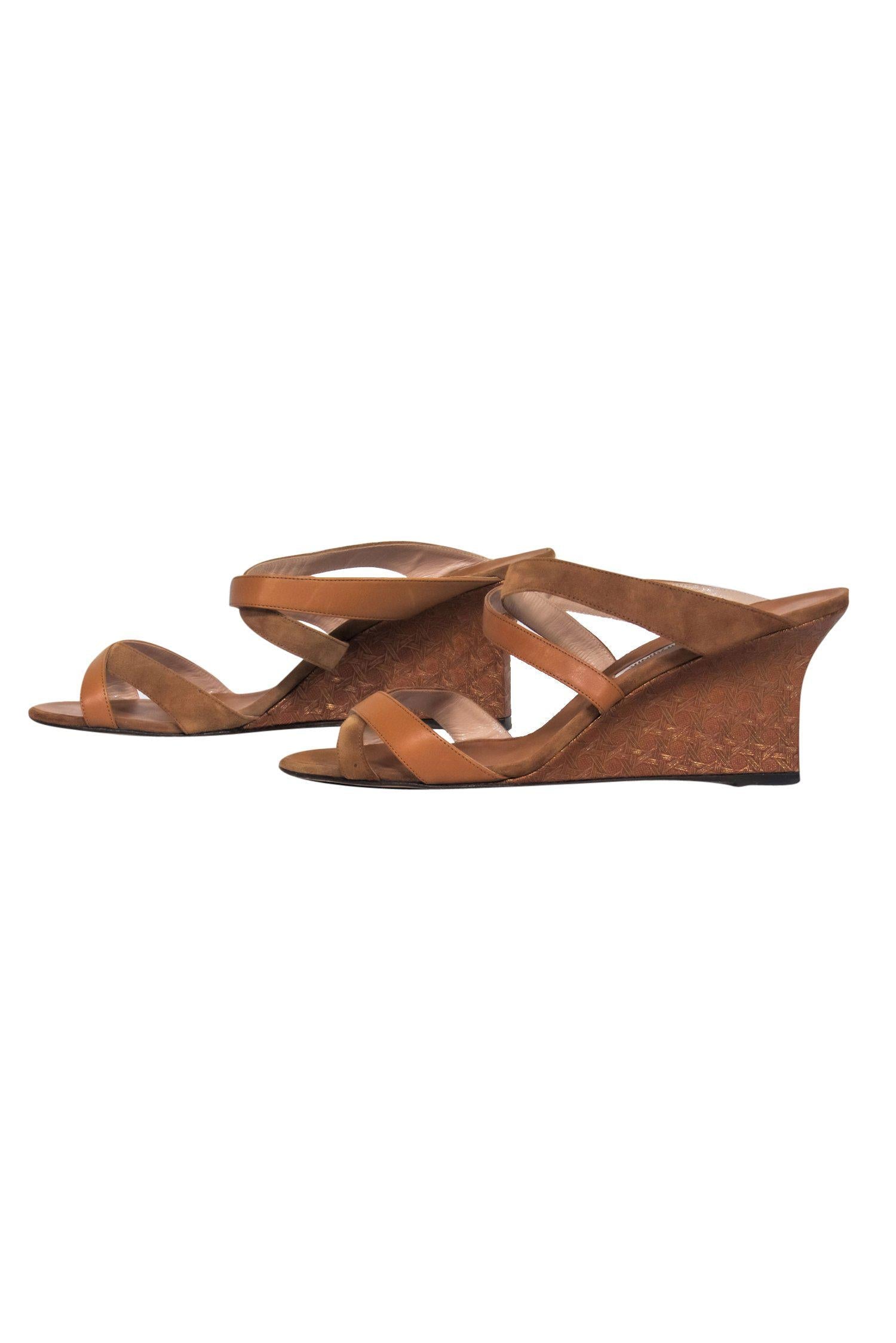 Manolo Blahnik - Stunning Tan Leather & Suede Strappy Wedges with Bronze Printed Wedge, Size 8.5
