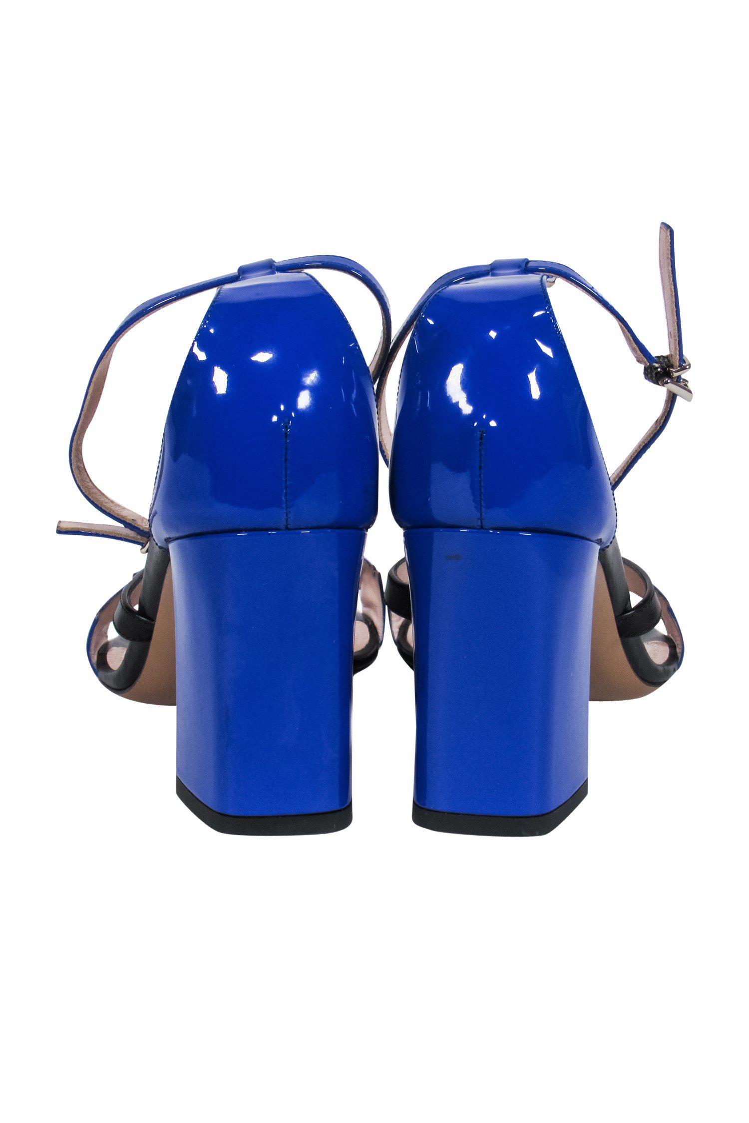 Bally's Stunning Patent Blue & Black Thunderbolt Strappy Sandals - Size 10.5