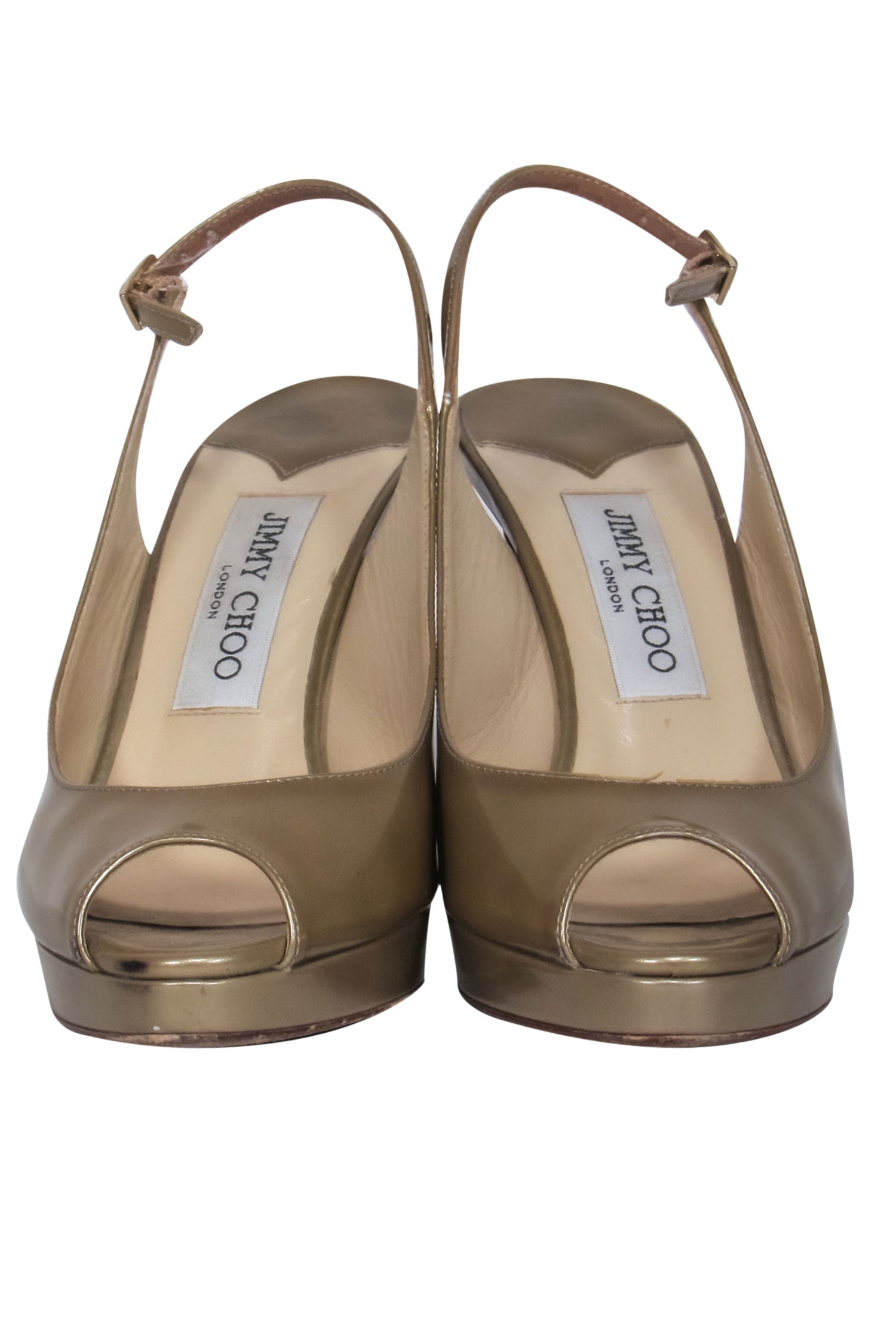 Jimmy Choo Gold Patent Leather Open Toe Slingback Pumps - Size 7.5 - Timeless Elegance!
