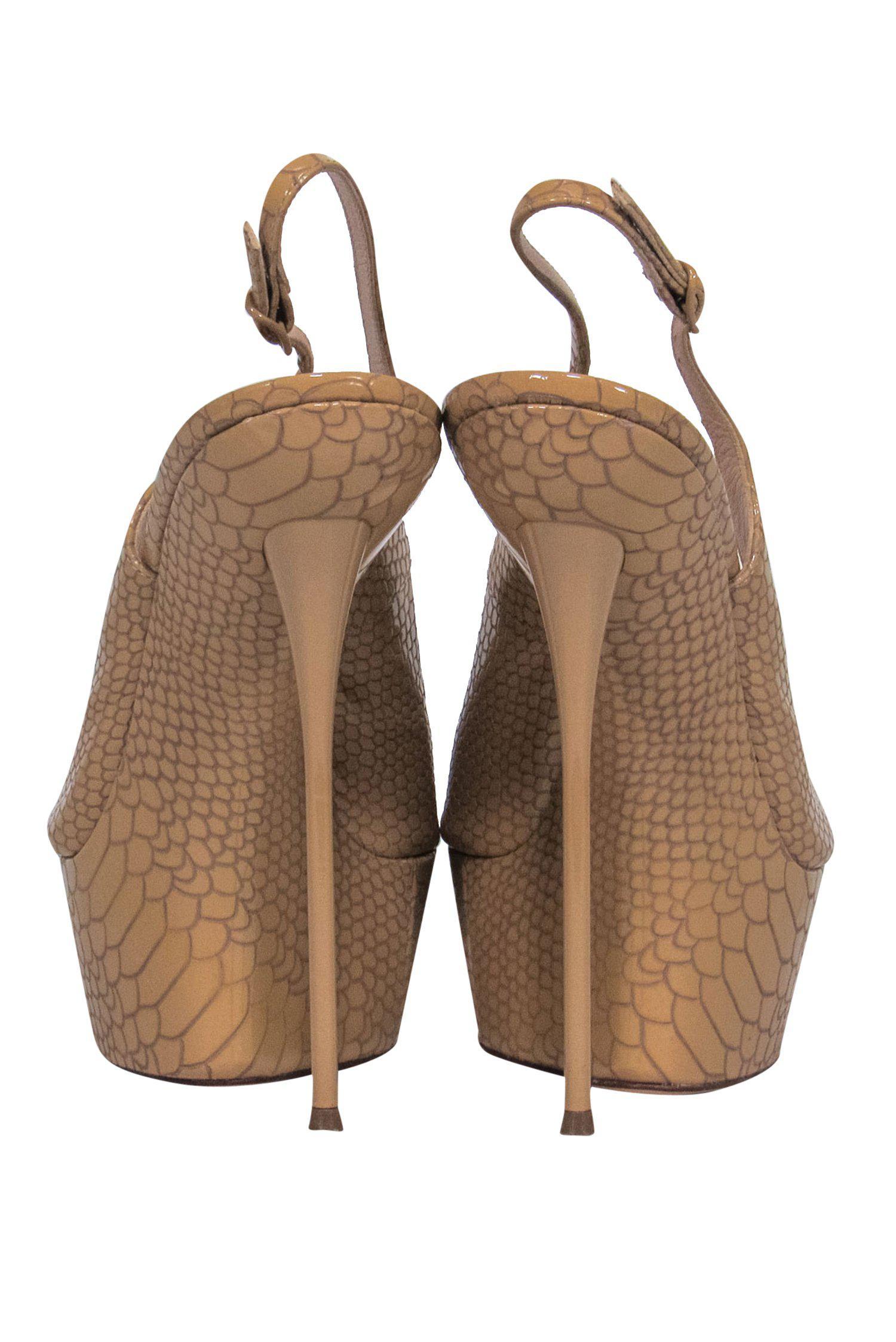 Casadei Tan Reptile Embossed Slingback Open Toe Stilettos - Size 7