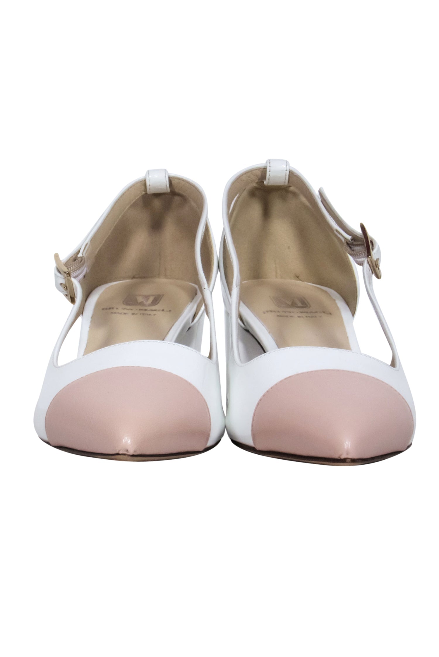 Bruno Magli's Stunning Patent White Leather Pointed Toe Cap Block Heels - Size 7.5
