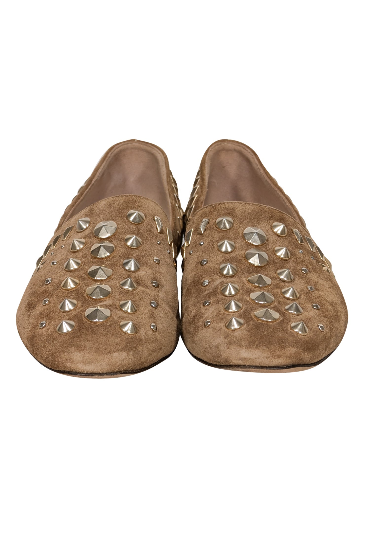 Jimmy Choo Tan Suede Flats with Gold Studded Trim - Size 6