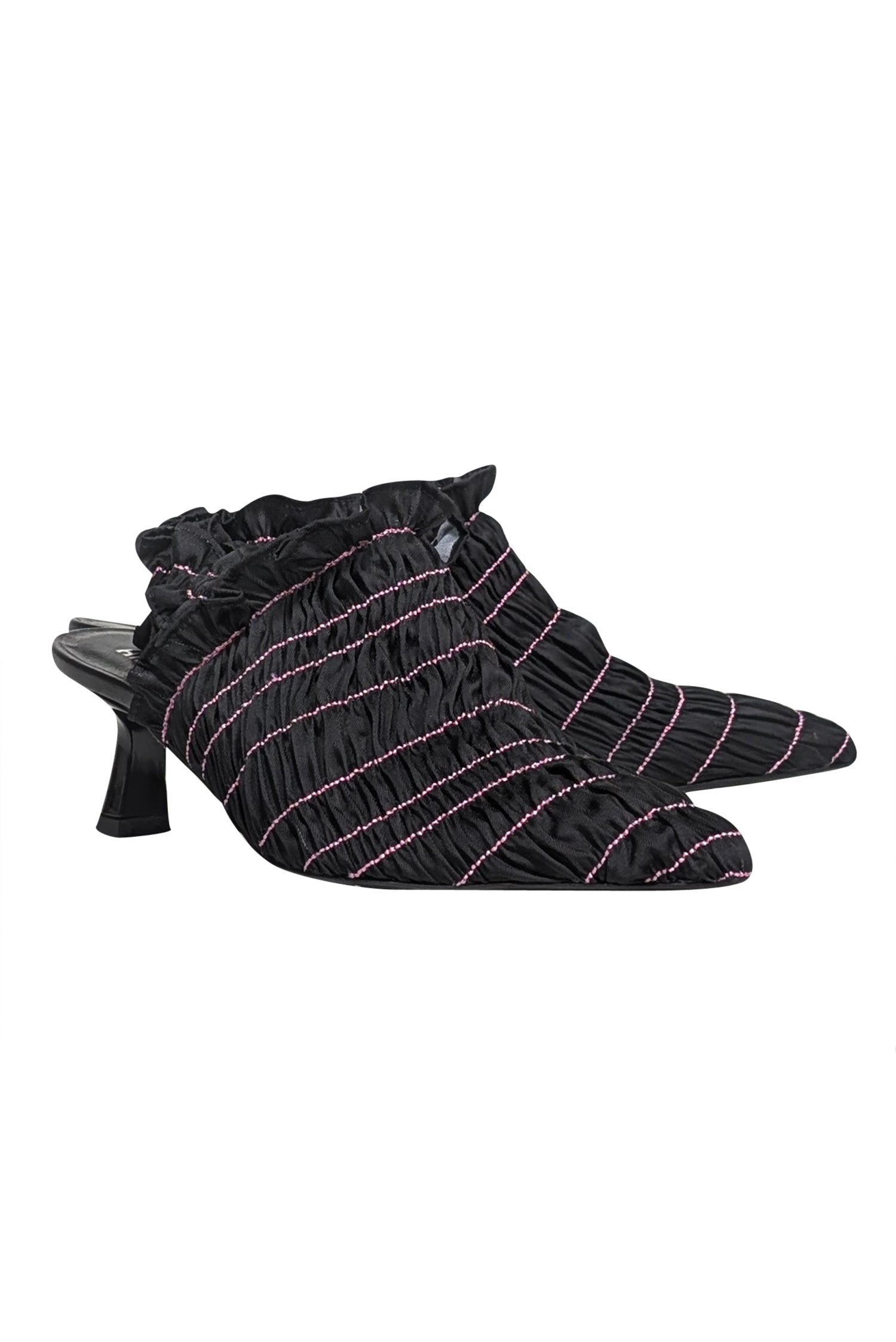 Amy Crookes' Stylish Black Smocked Ruffle Trim Strappy Back Heel - Size 6