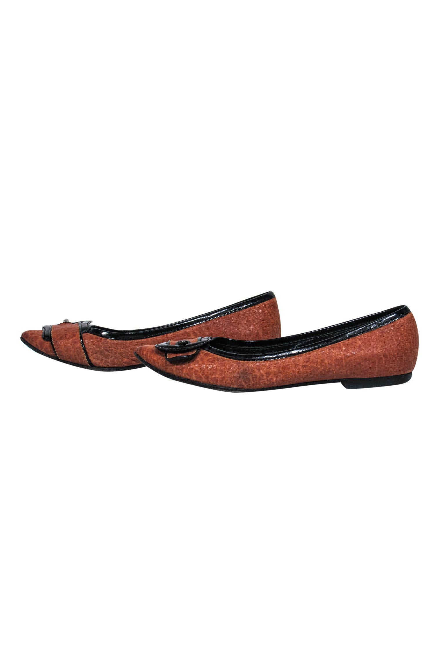 Fendi Edgy Brown Textured Leather Buckle Flats - Size 7.5