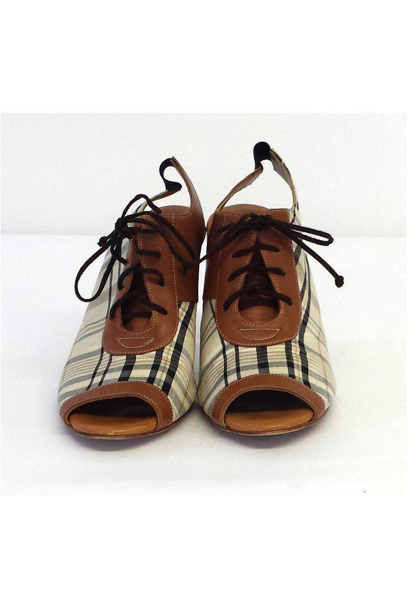 Olivia Rose Tal: Stylish Plaid & Leather Lace - Up Slingback Heels in Size 7