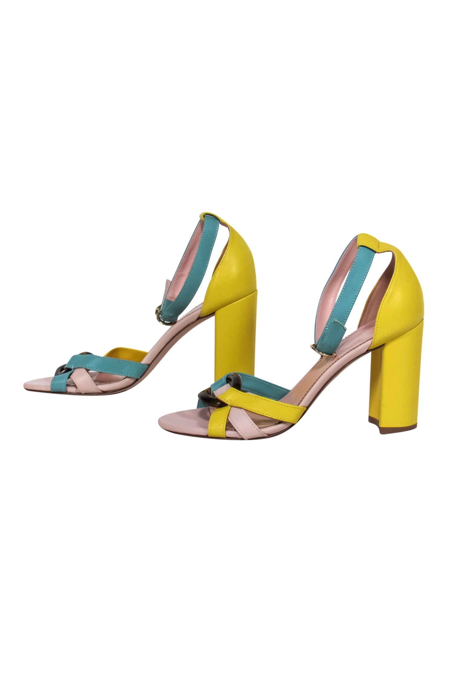 J.Crew's Stunning Yellow & Green Leather Block Heels with Tortoise Shell Buckle - Size 7