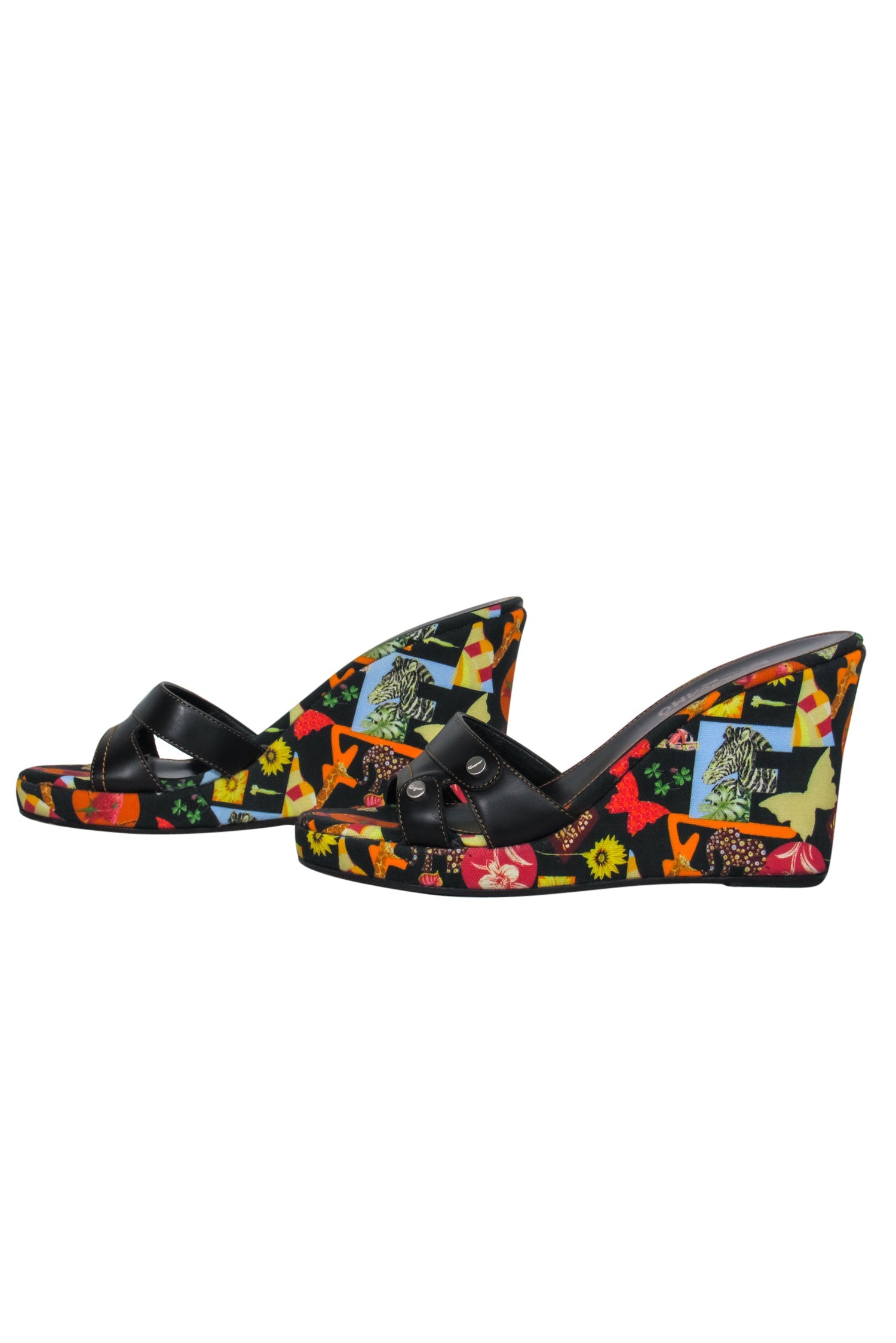 Ferragamo - Stunning Black Printed Leather & Fabric Seta Mule Wedges in Size 9