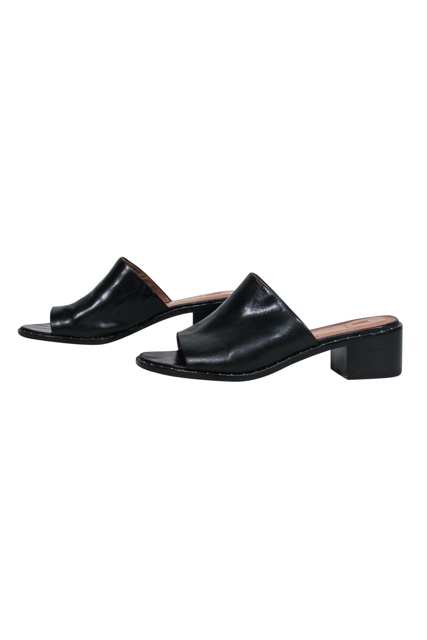 Frye Black Studded Leather Chunky Heel Slide Sandals - Size 6