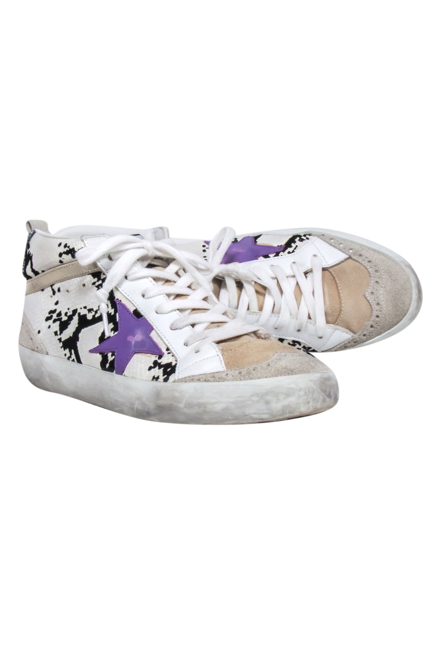 Golden Goose - Stunning White & Black Python Print High Tops with Purple Star, Size 8
