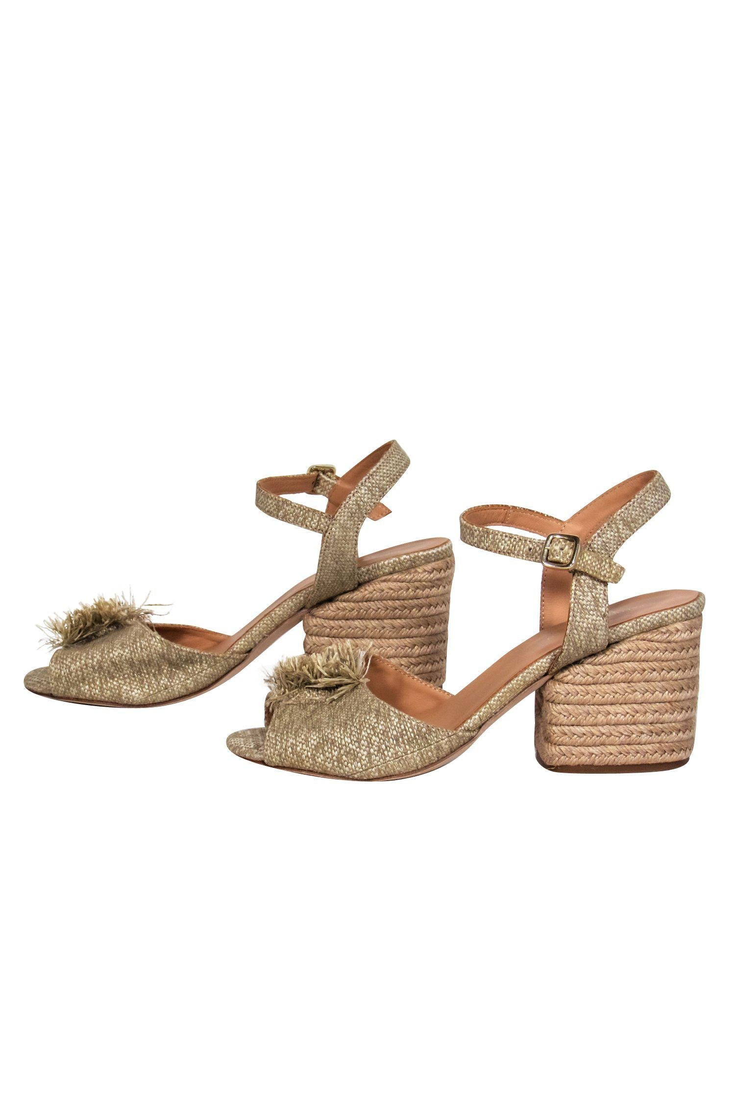 Paloma Barcelo Beige Woven Fringed Block Heels - Size 8.5, A Tropical Fashion Must-Have!